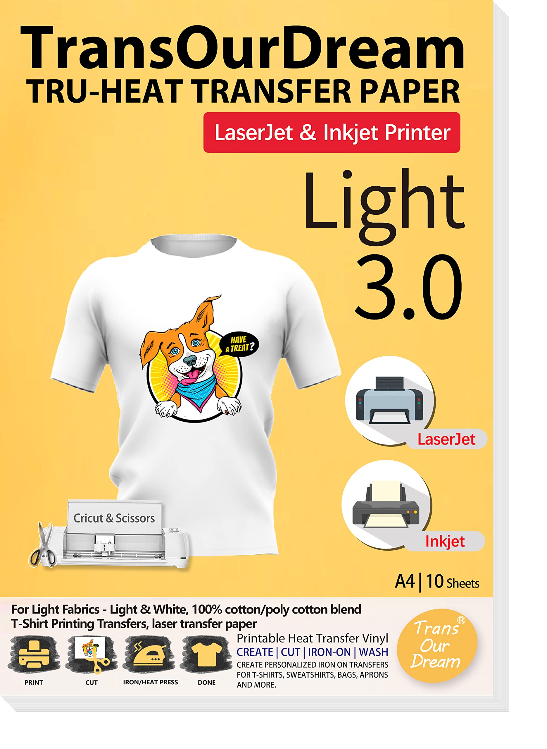 TransOurDream Tru-T Shirt Heat Transfer Paper 10 Sheets A4 - Printable Iron On Transfers for Inkjet & Laser Printers - HTV Heat Transfer Vinyl for White & Light Fabrics - Easy to Cut (TOD-03-10) - Perfect for DIY T-Shirts, Tote Bags & Custom Apparel Projects