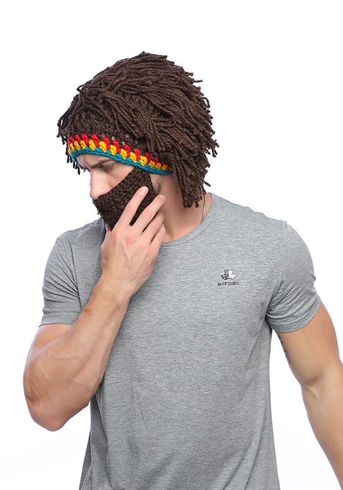 Xinqigo Rasta Beanie Wig & Beard Hat - Funny Caveman Costume for Halloween Parties, Cosplay, and Themed Events | Unisex Novelty Accessory