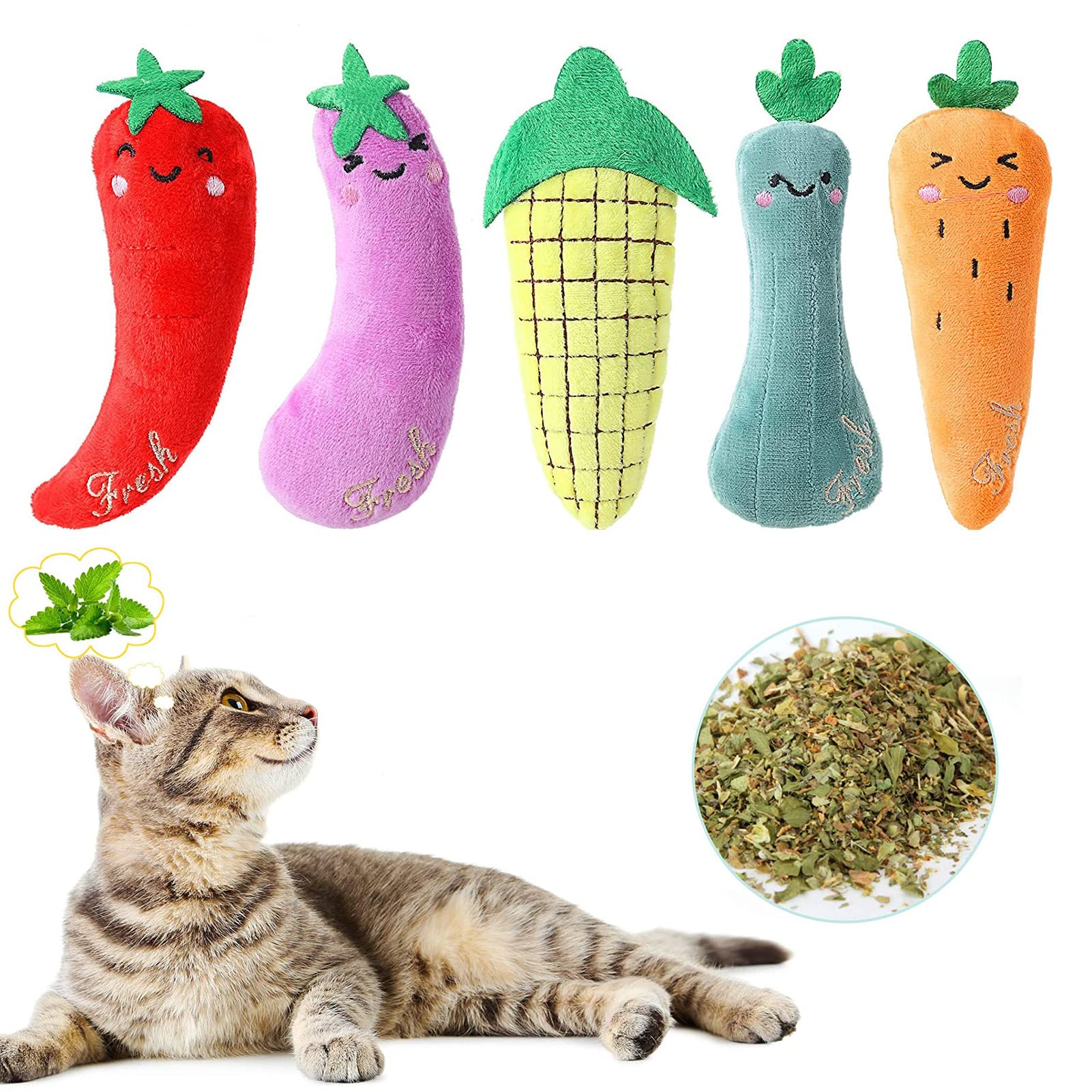 5PCS Catnip Cat Toys for Indoor Cats - Soft Plush Chew Pet Toys with Catnip, Interactive Teething Chew Toys for Kittens & Adult Cats (Fruit Theme) - Perfect for Playtime, Training & Stress Relief