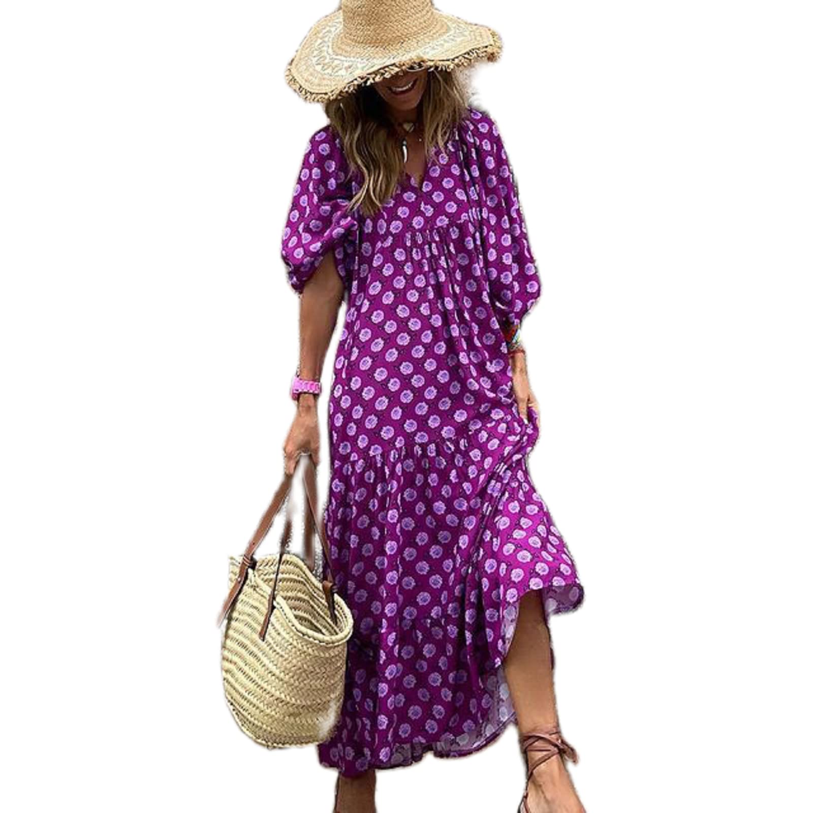 Vintage Boho Floral Print Women's Dress - Lantern Sleeves, Square Neck & High Slit Midi Dress for Cottagecore Style | Perfect for Summer Festivals, Beach Vacations & Boho Chic Outfits