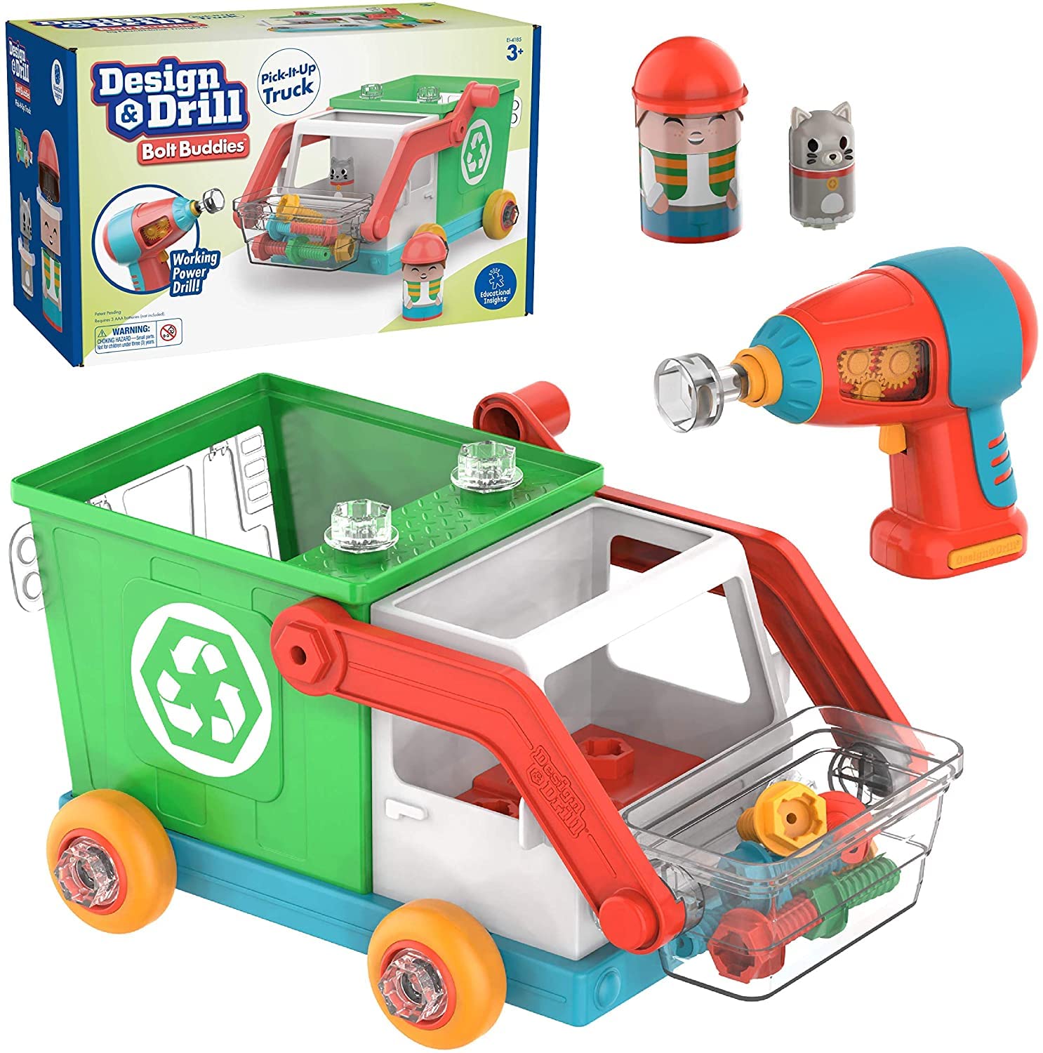 Educational Insights Design & Drill Bolt Buddies Recycling Truck Toy - Take Apart STEM Learning Toy with Electric Drill for Kids Ages 3+ - Perfect for Pretend Play, Fine Motor Skills & Early Engineering Fun