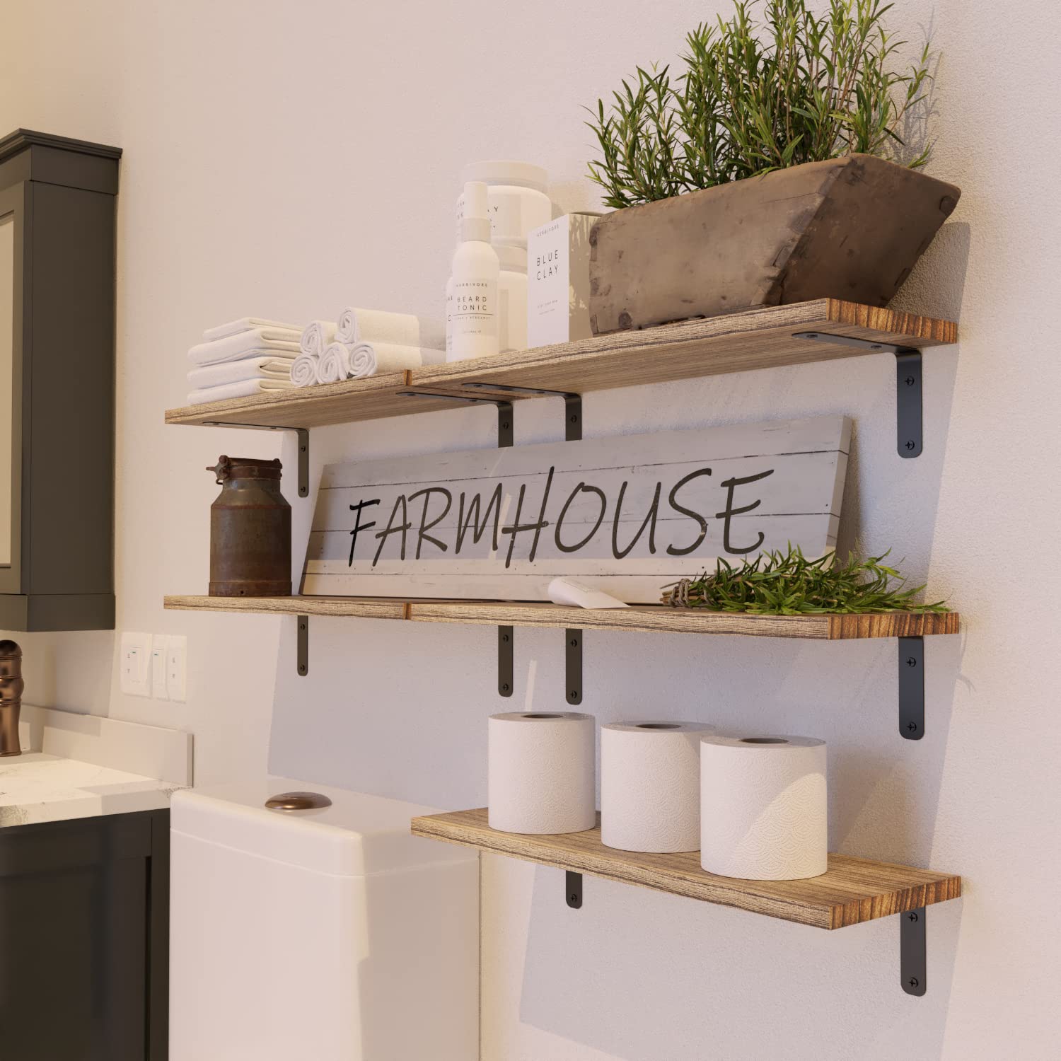 RICHER HOUSE Set of 5 Rustic Wood Floating Shelves - Farmhouse Style Wall Decor for Bathroom, Bedroom, Kitchen & Living Room | Carbonized Black | Perfect for Home Storage & Displaying Decorative Items