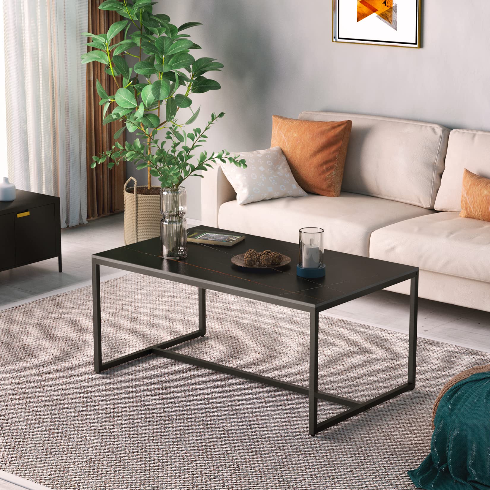 Wisfor Sintered Stone Coffee Table - Black Rectangular Sofa Center Table with Sturdy Metal Frame - Modern Living Room Furniture Decor (39.4x23.6x15.7 Inch) - Perfect for Small Spaces, Apartments & Cozy Home Gatherings