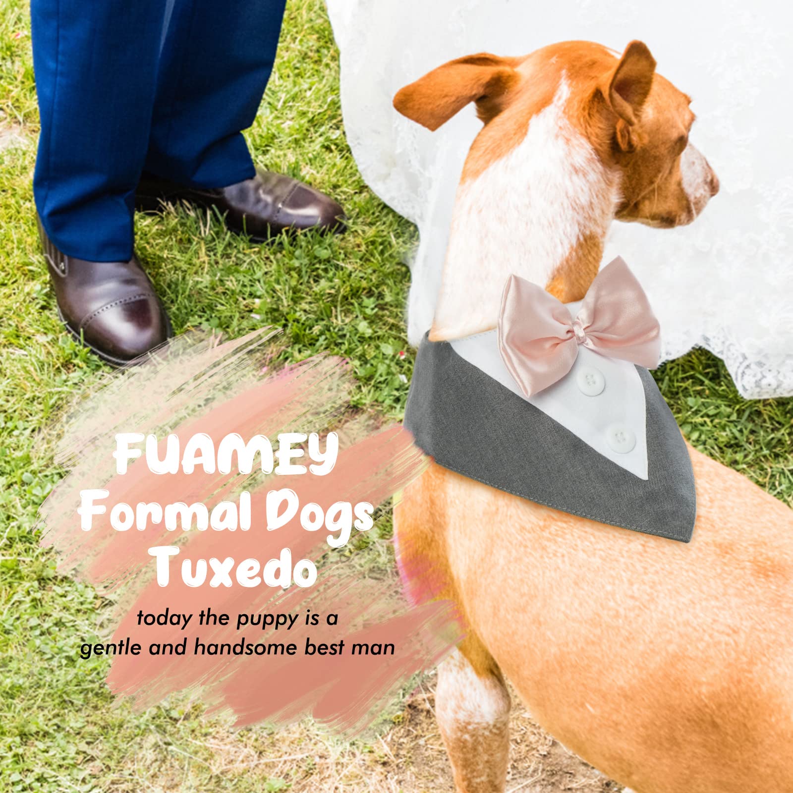 FUAMEY Adjustable Dog Tuxedo Costume - Formal Wedding Bow Tie Bandana & Collar Set for Small Medium Large Dogs - Grey Pet Party Outfit for Weddings, Birthdays, Valentine's Day & Cosplay Events