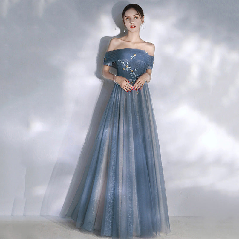 Elegant Off Shoulder Blue Tulle Prom Dress - A-Line Evening Gown for Formal Parties & Special Occasions | Perfect for Homecoming, Quinceañera & Wedding Guest Attire
