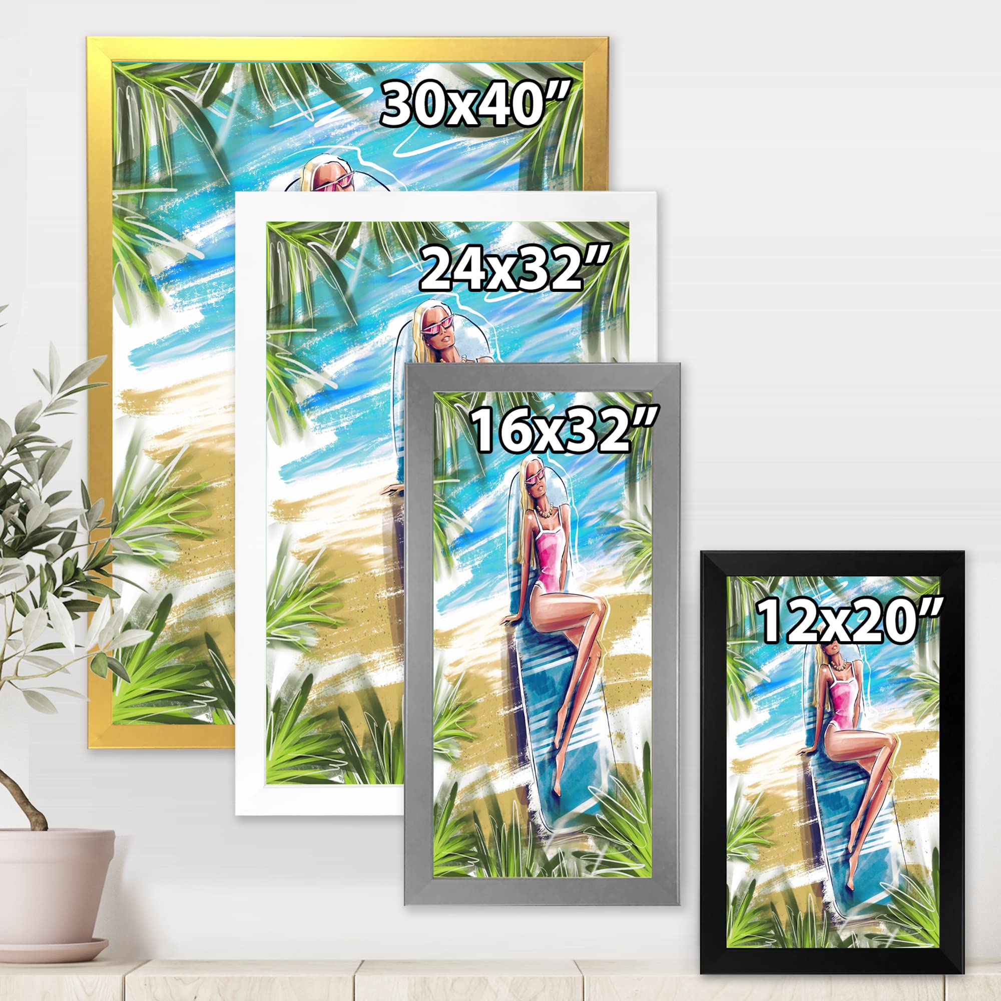 DesignQ Beautiful Blonde Model Beach Sunbathing Nautical Coastal Framed Wall Art - Perfect for Beach House Decor, Living Room, Bedroom & Coastal Themed Interiors