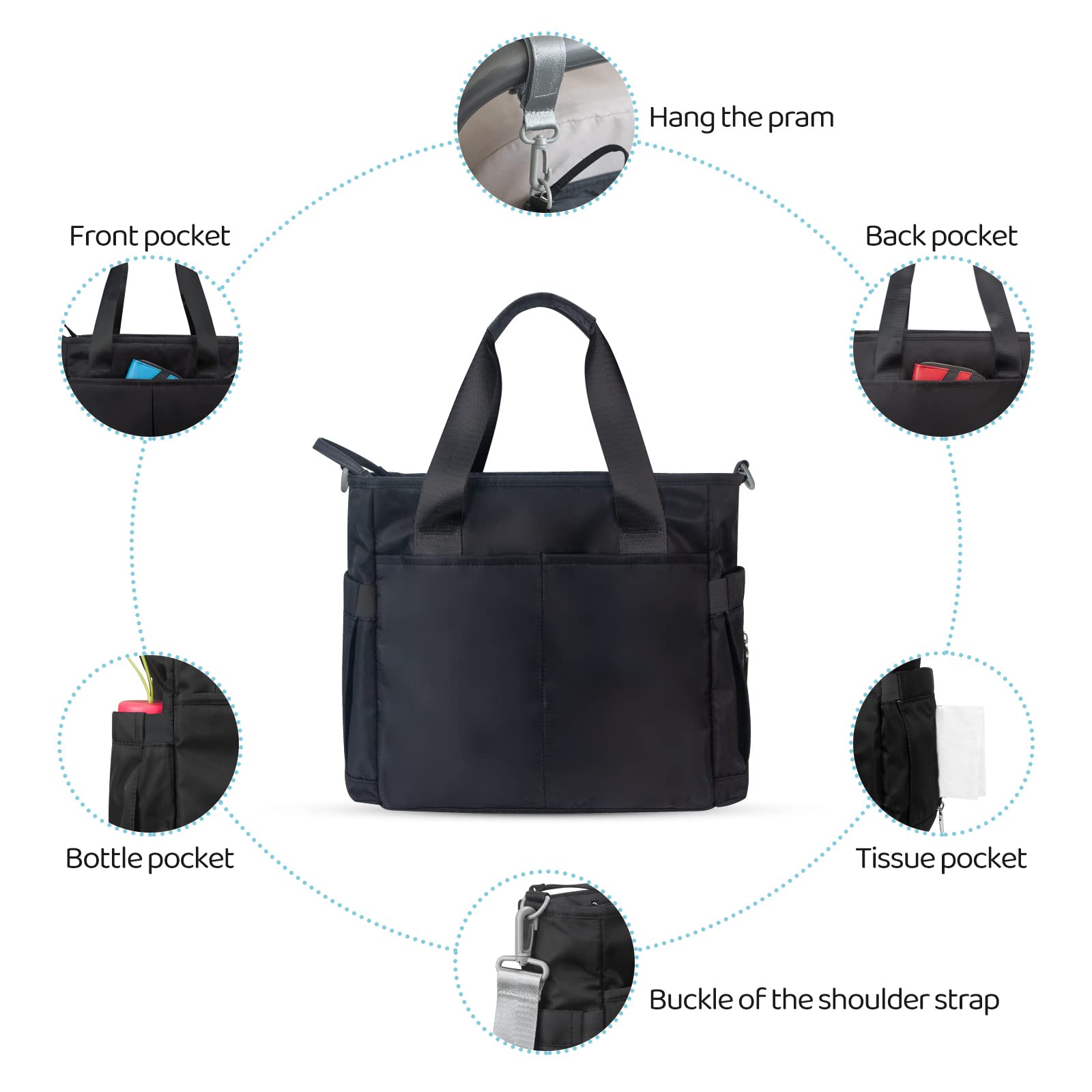 Waterproof Diaper Bag for Moms & Dads - Large Multifunctional Travel Tote with Insulated Pockets, Stroller Straps & Changing Pad - Perfect for Daycare, Outings & Baby Essentials (Black)