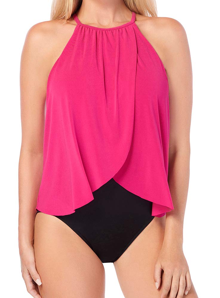 MagicSuit Women's One Piece Swimsuit - High Neckline, Soft Cup, Solid Rose Color, Size 14 | Perfect for Beach Vacations, Pool Parties & Summer Getaways