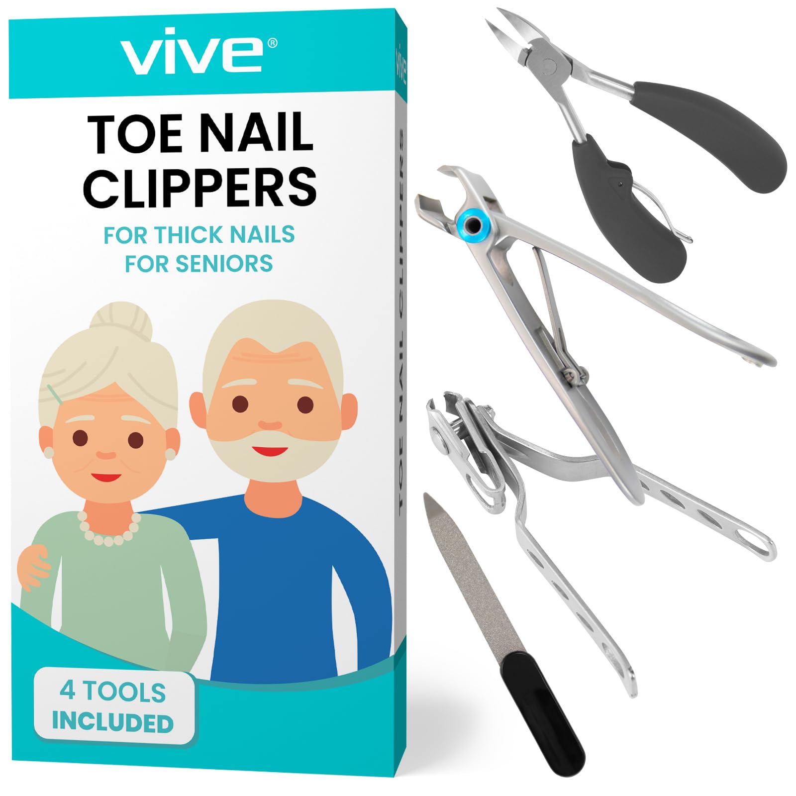 Vive Heavy Duty Toenail Clippers for Thick Nails - Professional Podiatrist Trimmers for Seniors, Adults & Diabetics - Sharp Nail Care Set for Hands & Toes - Ideal for Arthritis & Hand Pain Relief - Perfect for Home, Travel & Medical Use