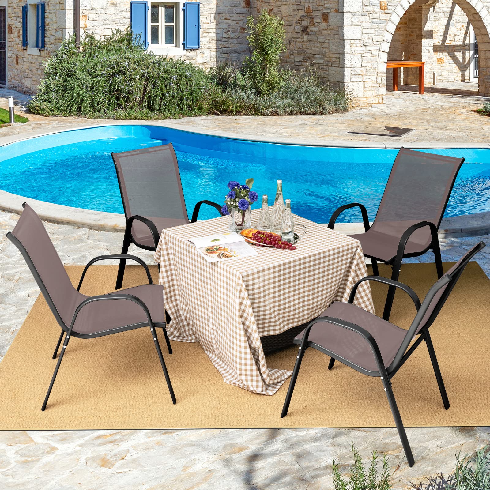 Tangkula 4-Piece Stackable Patio Dining Chairs Set - Heavy Duty All-Weather Outdoor Chairs with Armrests, 330 lbs Weight Capacity - Perfect for Poolside, Backyard, Garden, Deck, Front Porch & Outdoor Dining (Brown)