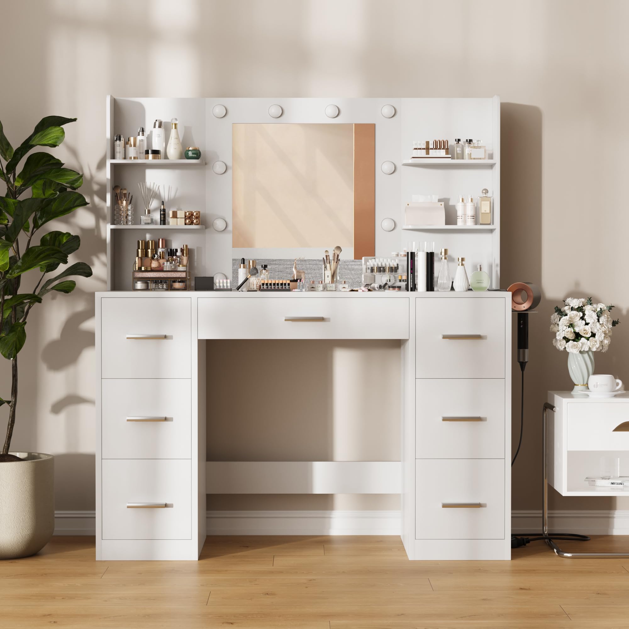 Furmax White Vanity Desk with LED Lights & Power Outlet - 7 Drawers & 6 Storage Shelves Makeup Dressing Table with Mirror for Bedroom, Dressing Room & Home Salon (Perfect for Makeup Application, Jewelry Storage & Home Office)