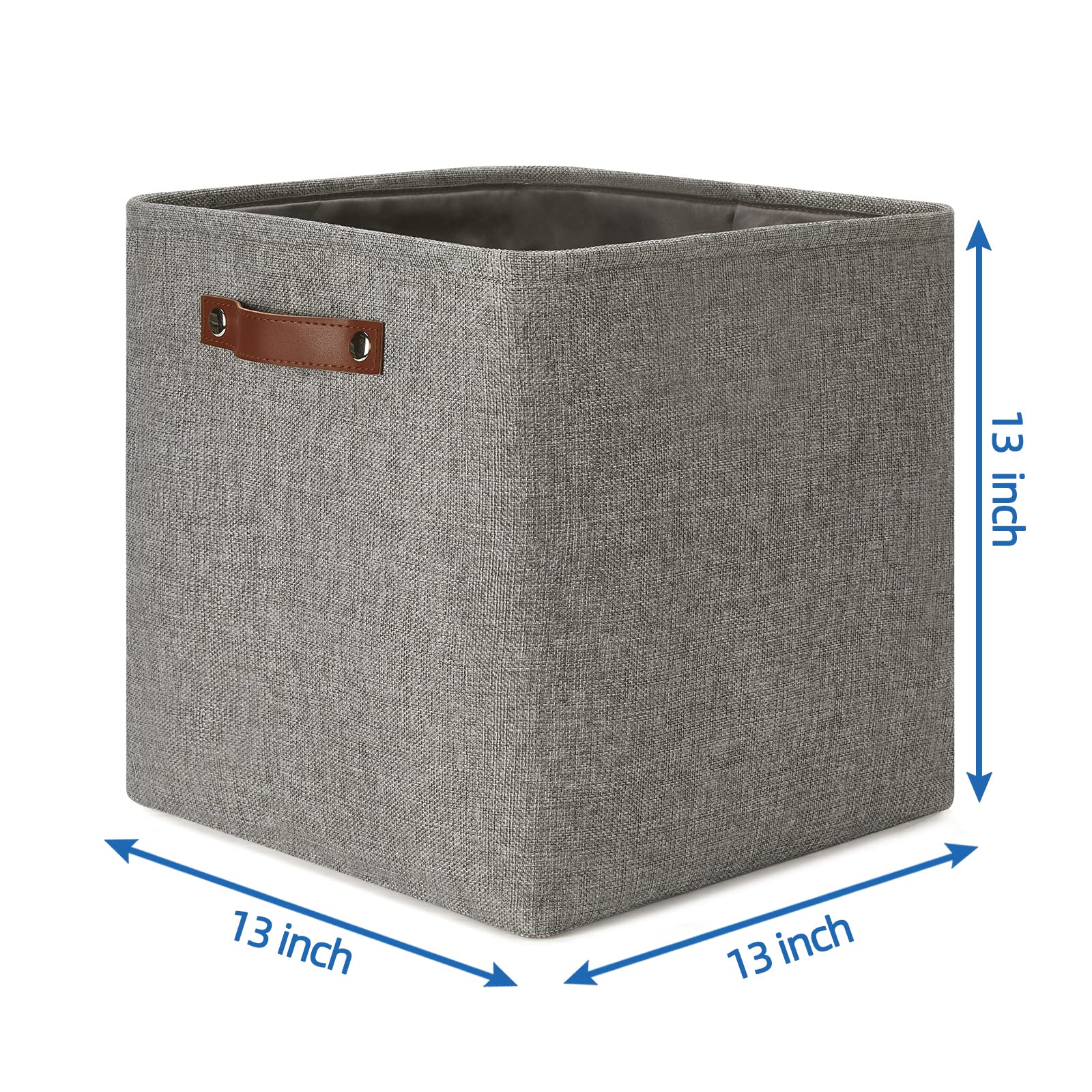 13 Inch Fabric Storage Cubes with Leather Handles - Set of 4 Grey Organizer Bins for Shelves, Home & Office - Perfect for Toys, Books, Clothes and Home Organization