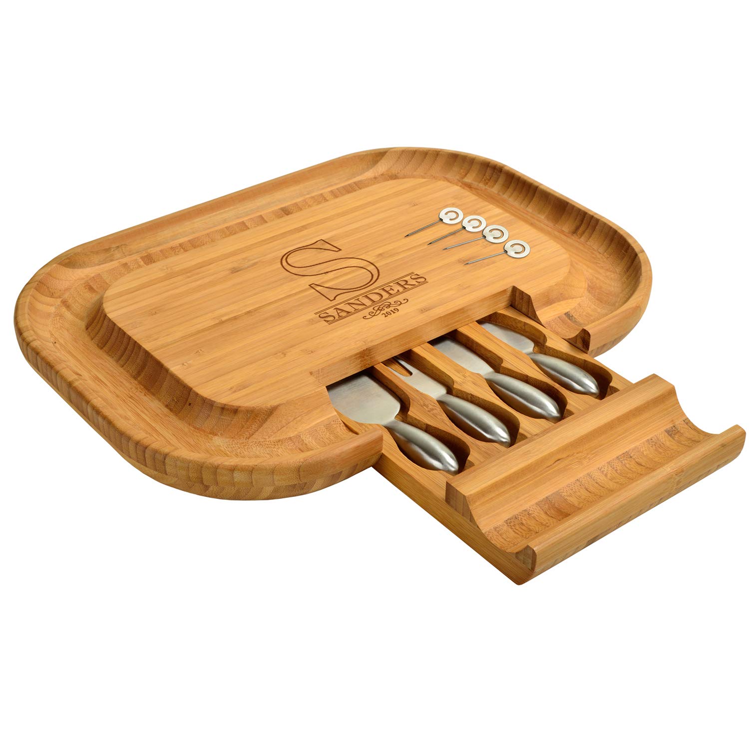 Custom Engraved Bamboo Cheese & Charcuterie Board Set with Knives & Cheese Markers | Personalized Wedding & Housewarming Gift | Handcrafted in USA | Perfect for Entertaining, Cheese Tasting & Charcuterie Displays