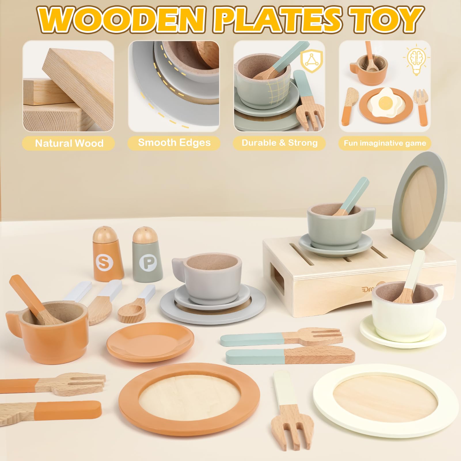 27 PCS Wooden Play Kitchen Set for Kids - Eco-Friendly Dishes & Plates Accessories, Pretend Cooking Toys for Toddlers 2-4 Years, Perfect for Girls & Boys - Ideal for Home, Preschool & Montessori Play