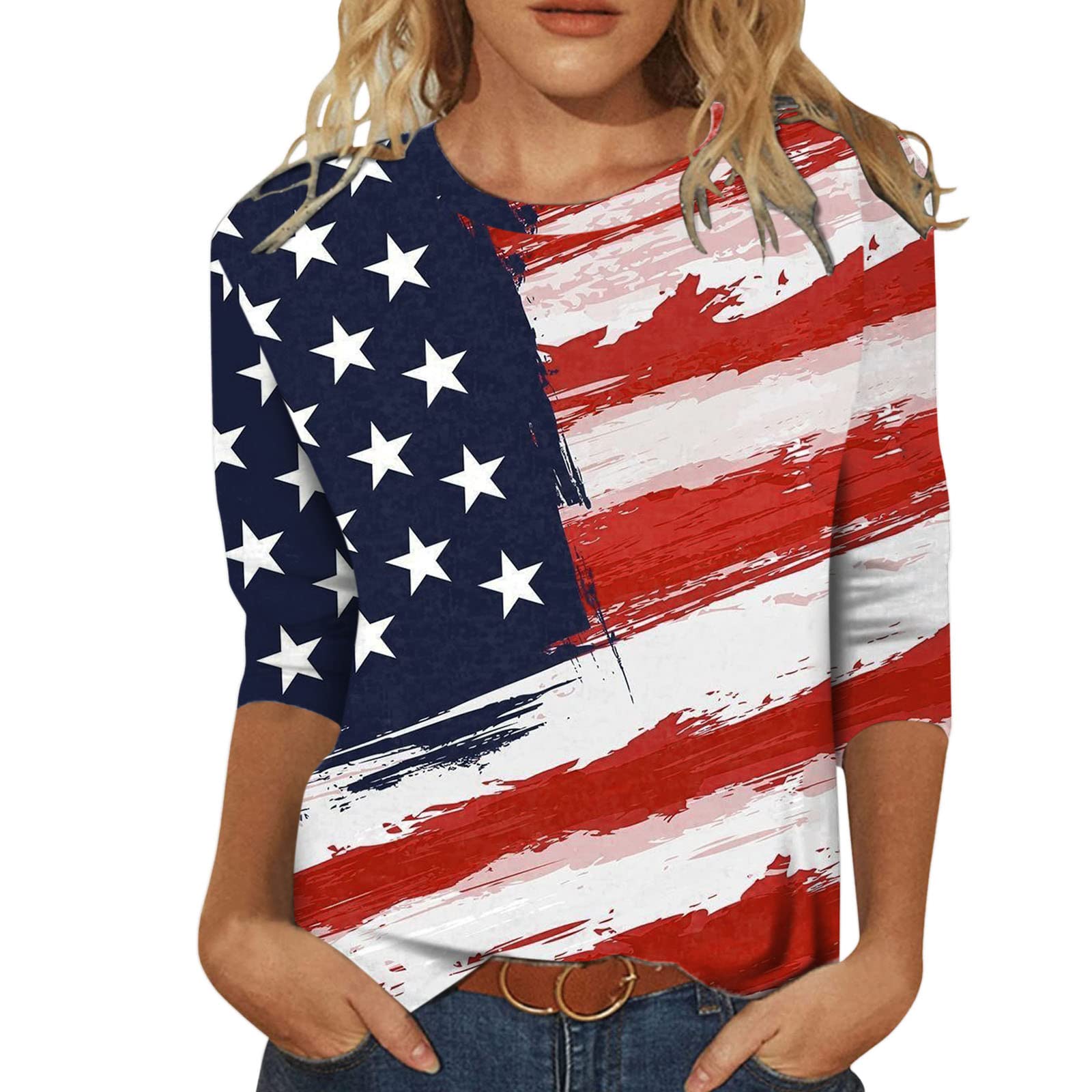 Women's 3/4 Sleeve Floral Printed Crewneck T-Shirt - Loose Fit Casual Summer Blouse & Tunic Top for Work, Date Night & Weekend Outings