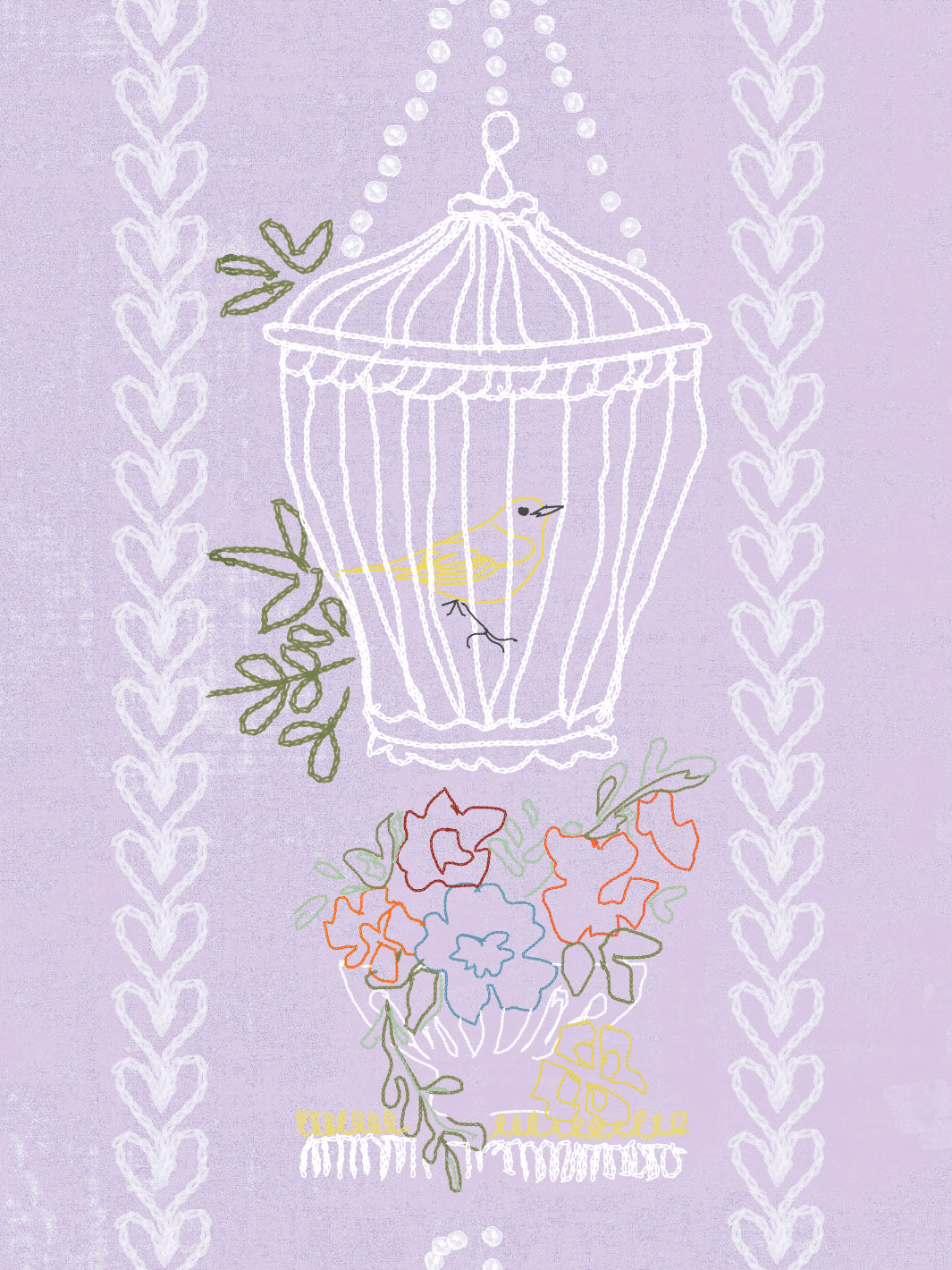 Lingua Franca Embroidered Birdcages Wallpaper - Lavender Floral Peel & Stick Wall Mural for Bedroom, Nursery, and Living Room Decor