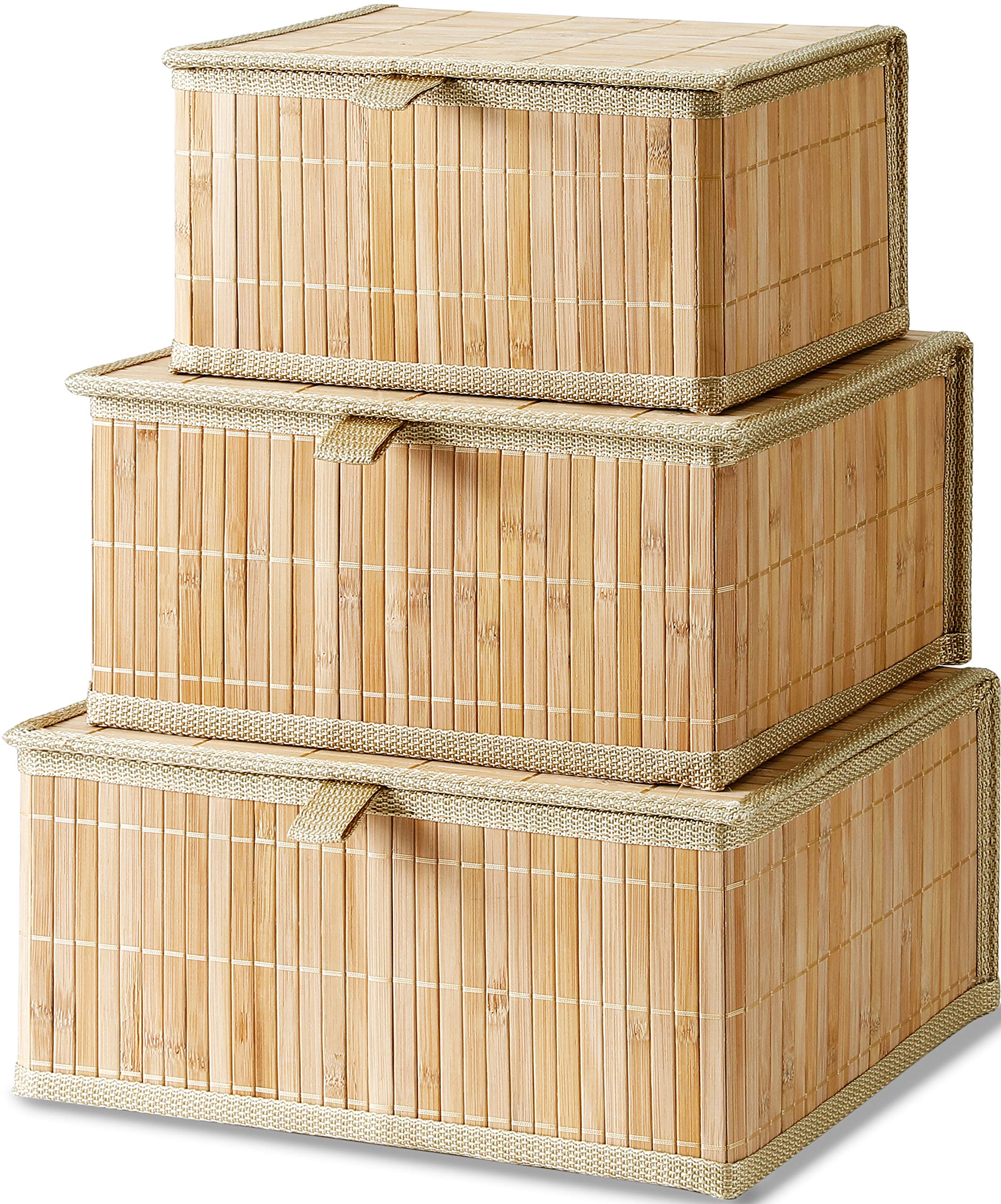 Honygebia Set of 3 Bamboo Storage Baskets with Lids - Woven Lined Decorative Organizer Boxes for Home, Kitchen, Shelf | Beige Wicker Baskets for Home Decor, Pantry Organization & Gift Wrapping Storage