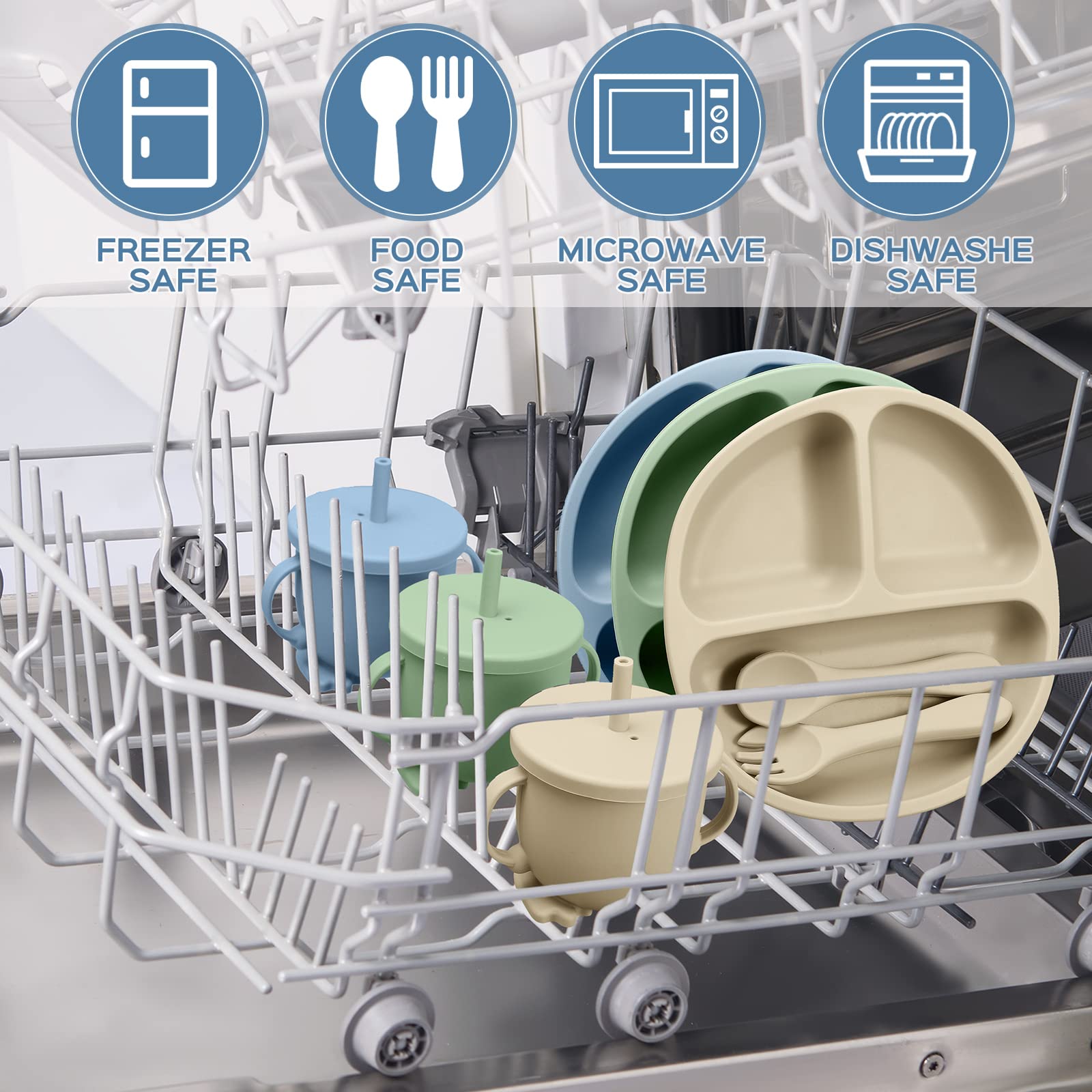 18-Piece Silicone Baby Feeding Set - Adjustable Toddler Bibs, Suction Bowls, Divided Plates, Spoons, Forks & Cups - BPA-Free Infant Dinnerware (Gray Blue, Navy Green, Beige) - Perfect for Mess-Free Mealtime at Home or On-the-Go