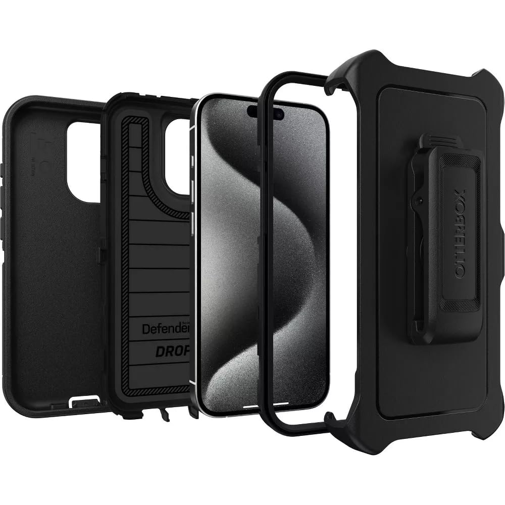 OtterBox Defender Series Case for iPhone 15 Pro - Rugged & Durable Black Protective Cover with Port Protection & Holster Clip | Screenless Design | Antimicrobial Defense | Perfect for Outdoor, Work & Extreme Conditions
