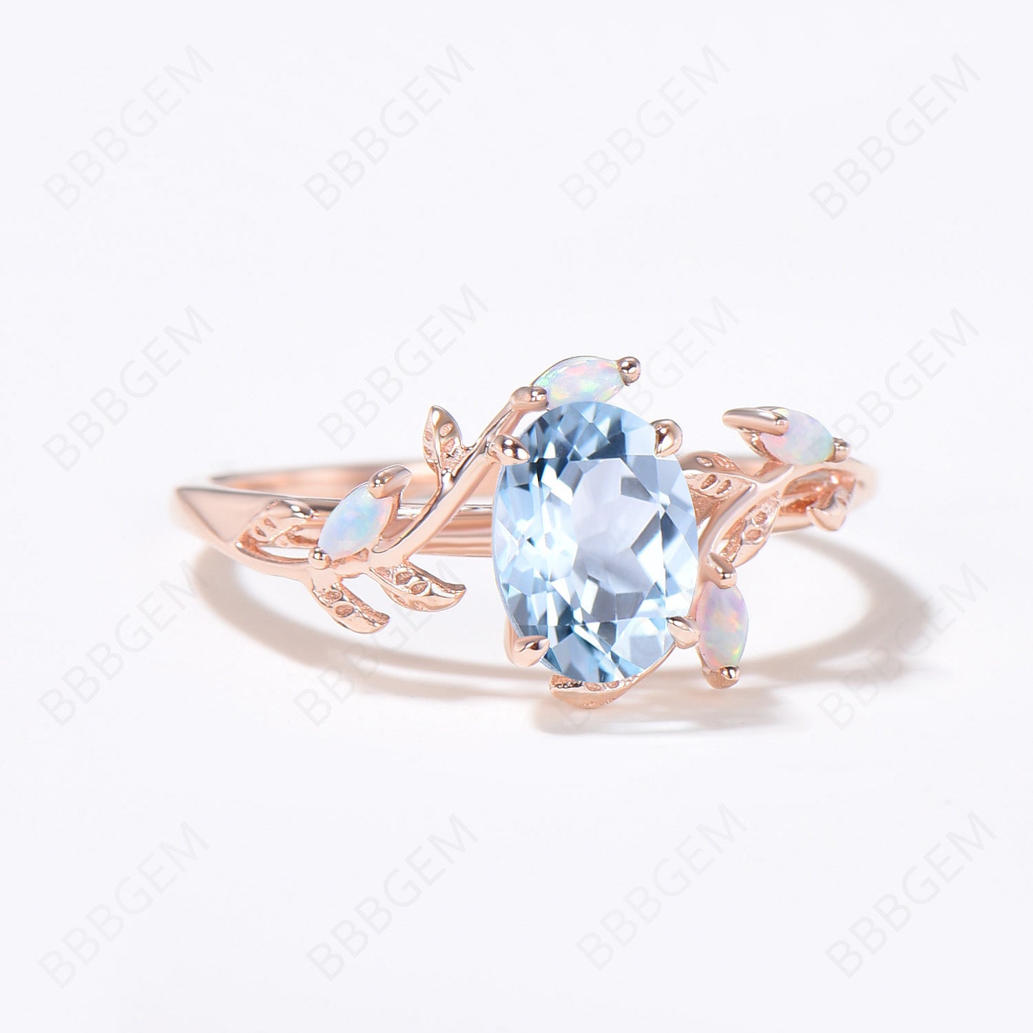 Natural Aquamarine Engagement Ring - Rose Gold Twig Vine Design, March Birthstone Promise Ring with Unique Marquise Opal - Perfect for Weddings, Anniversaries & Romantic Gifts