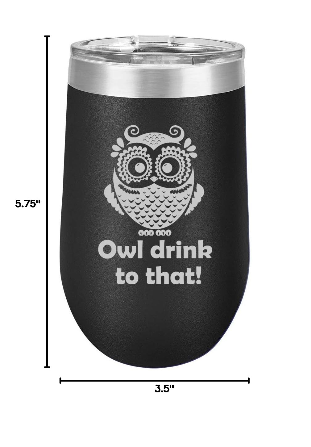 16 oz Double Wall Vacuum Insulated Stainless Steel Wine Tumbler with Lid - Stemless Coffee Travel Mug for Hot & Cold Drinks - Funny Owl Design (Black) - Perfect for Office, Commuting, Camping and Gifts