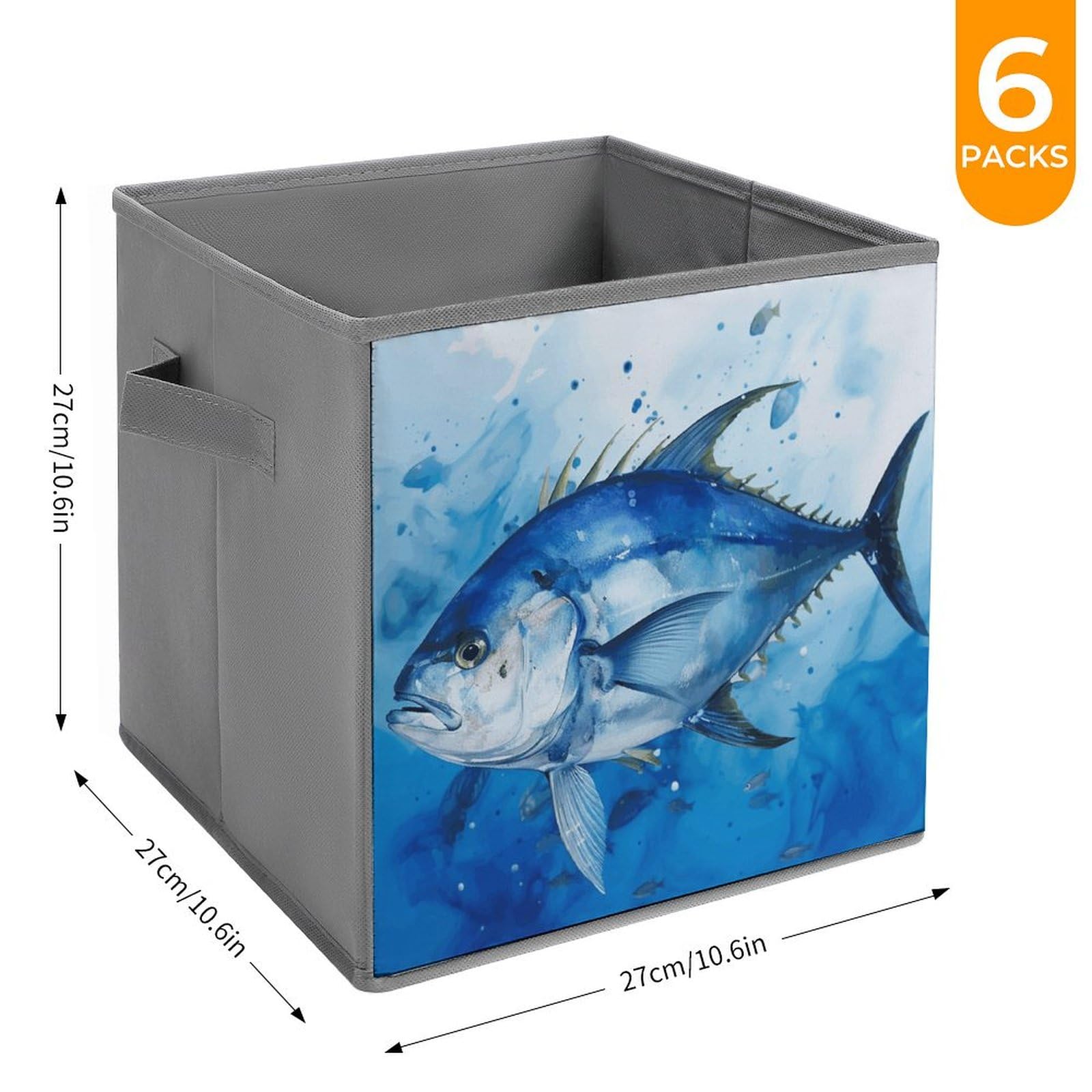 6-Piece Collapsible Storage Bins with Handles - Blue Fish Print Foldable Organizing Baskets for Shelves, Closet, Bathroom & Kids Room | Multi-Purpose Storage Containers for Home Organization