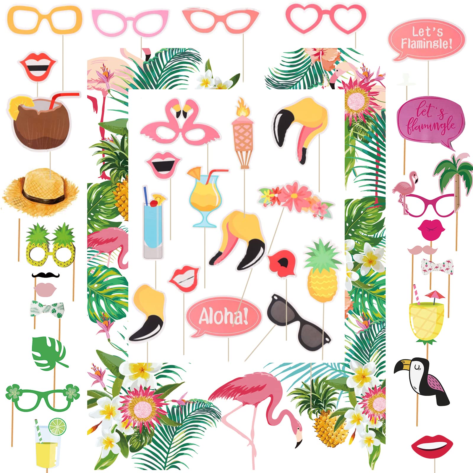 VEGCOO 37-Piece Hawaiian Party Photo Booth Props Kit - Tropical Selfie Frame with Flamingo & Pineapple, Fun Mustache Glasses & Wigs - Perfect for Summer Pool Parties, Beach Weddings & Luau Decorations