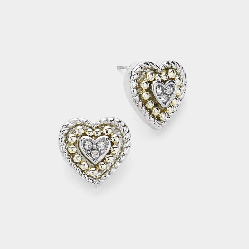 14K Gold Plated Two-Tone Heart Earrings with Stone Paving - Elegant Jewelry for Women, Perfect for Valentine's Day, Anniversary Gifts & Special Occasions