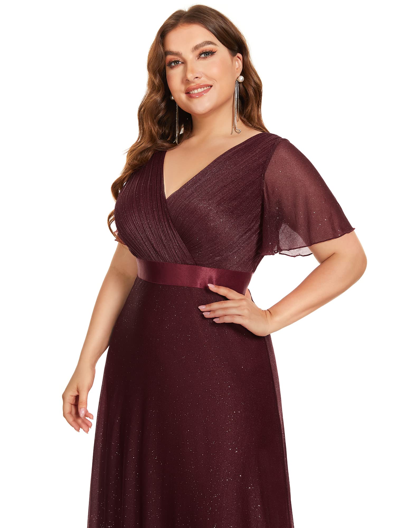 Ever-Pretty Plus Size Women's V-Neck Long Formal Dress with Shimmery Flutter Sleeves - Elegant Evening Gown for Prom, Wedding & Special Occasions (Style 50159)