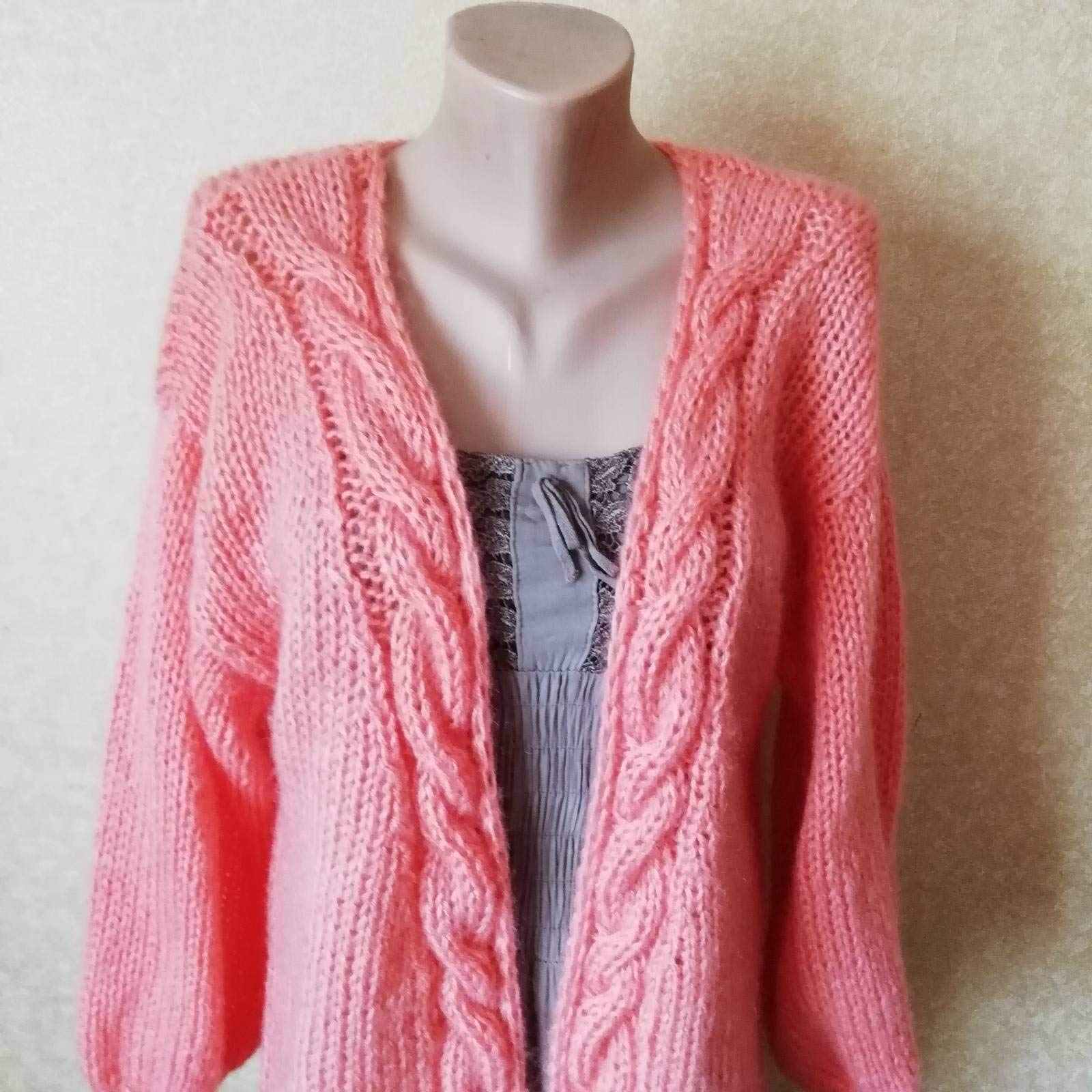 Handmade Mohair Peach Women's Cardigan - Oversized Open Knit Braid Sweater with Flashlight Sleeves | Warm Winter Fashion for Casual Outings & Cozy Home Wear