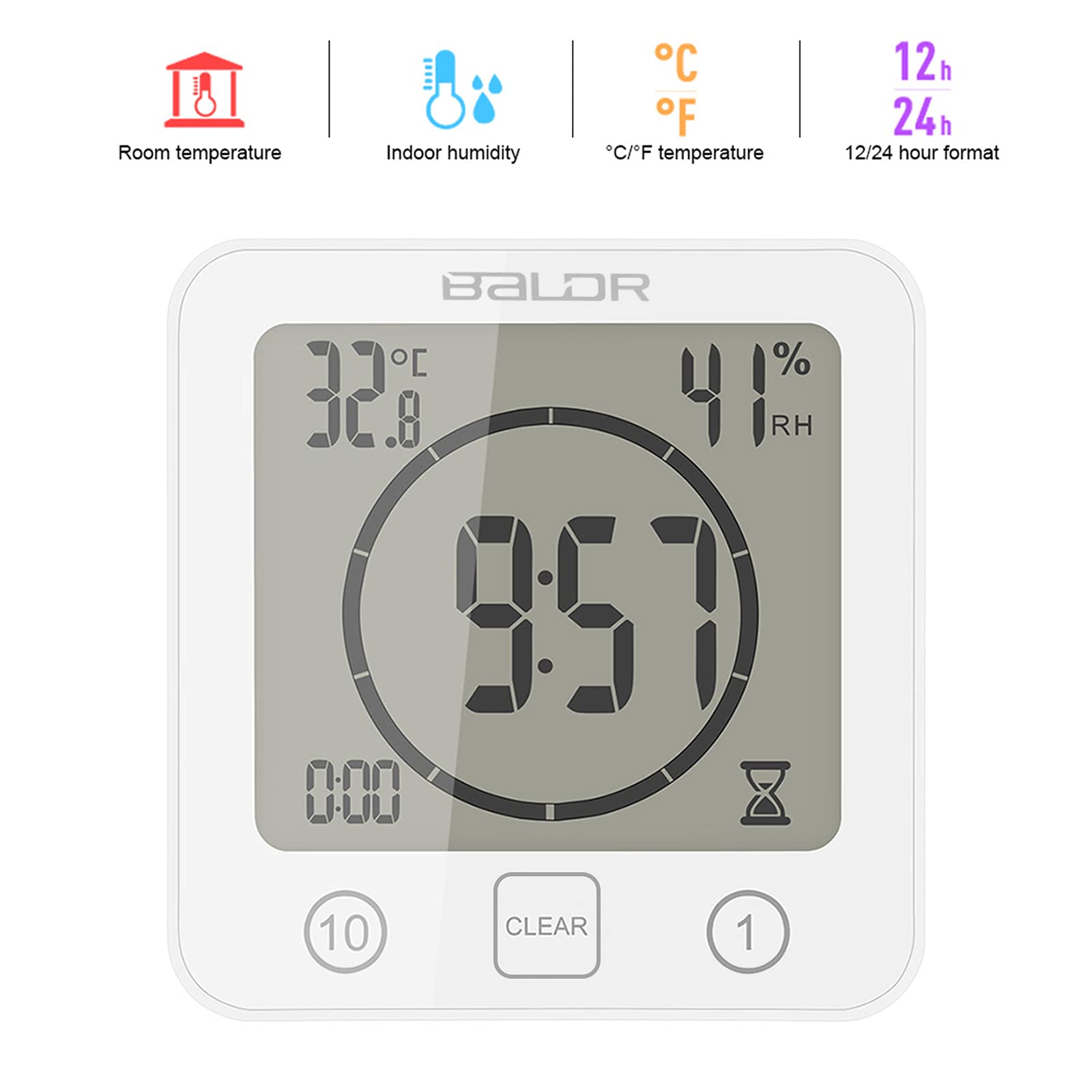 Waterproof Digital Shower Clock with LCD Display, Temperature & Humidity Gauge - Touch Screen Timer, Large Countdown Visual Timer for Bathroom, Gym, Kitchen & Sauna (White)
