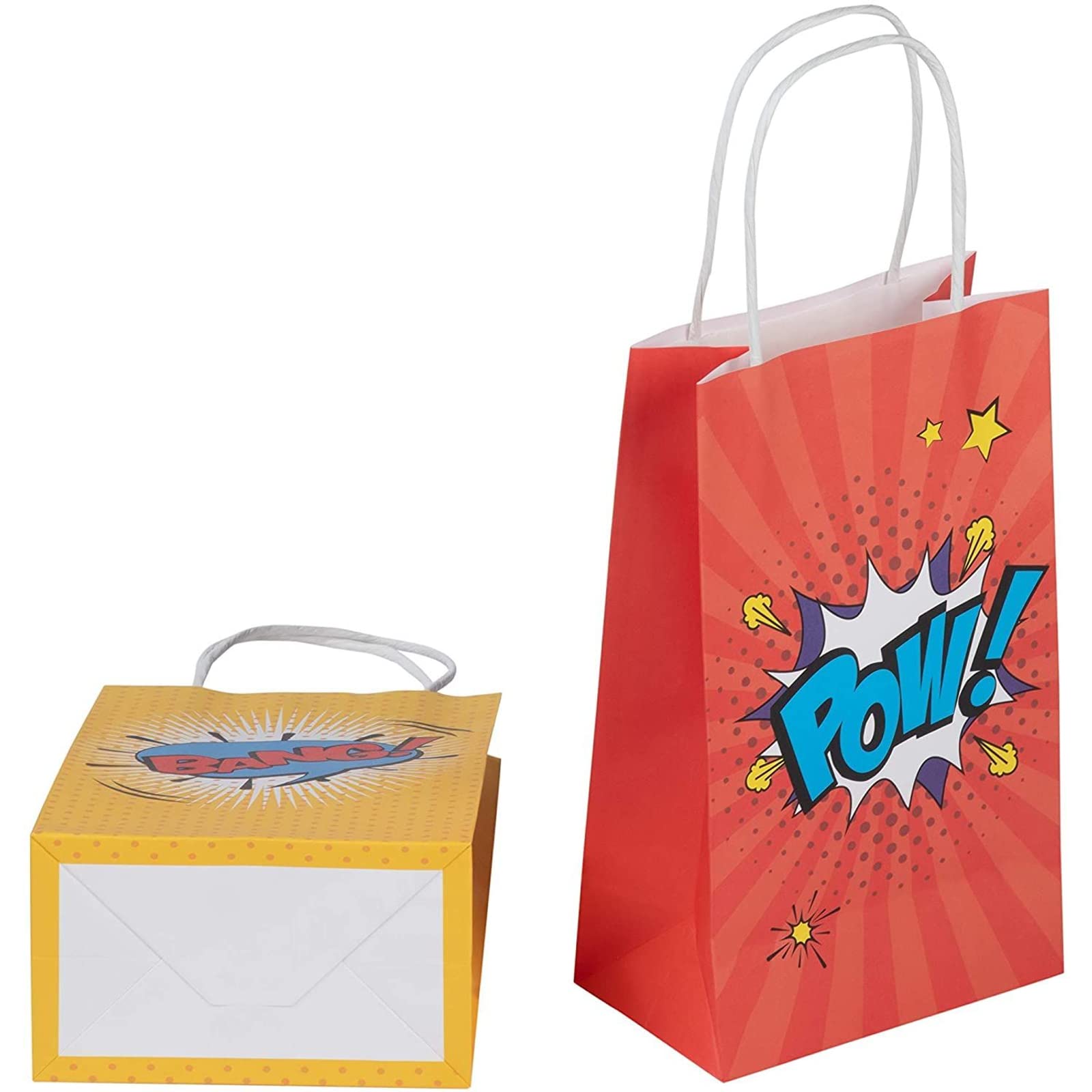 Juvale 12-Pack Comic Book Hero Party Favor Gift Bags with Handles - 4 Vibrant Colors for Birthday Parties, Superhero Themed Events & Kids' Celebrations