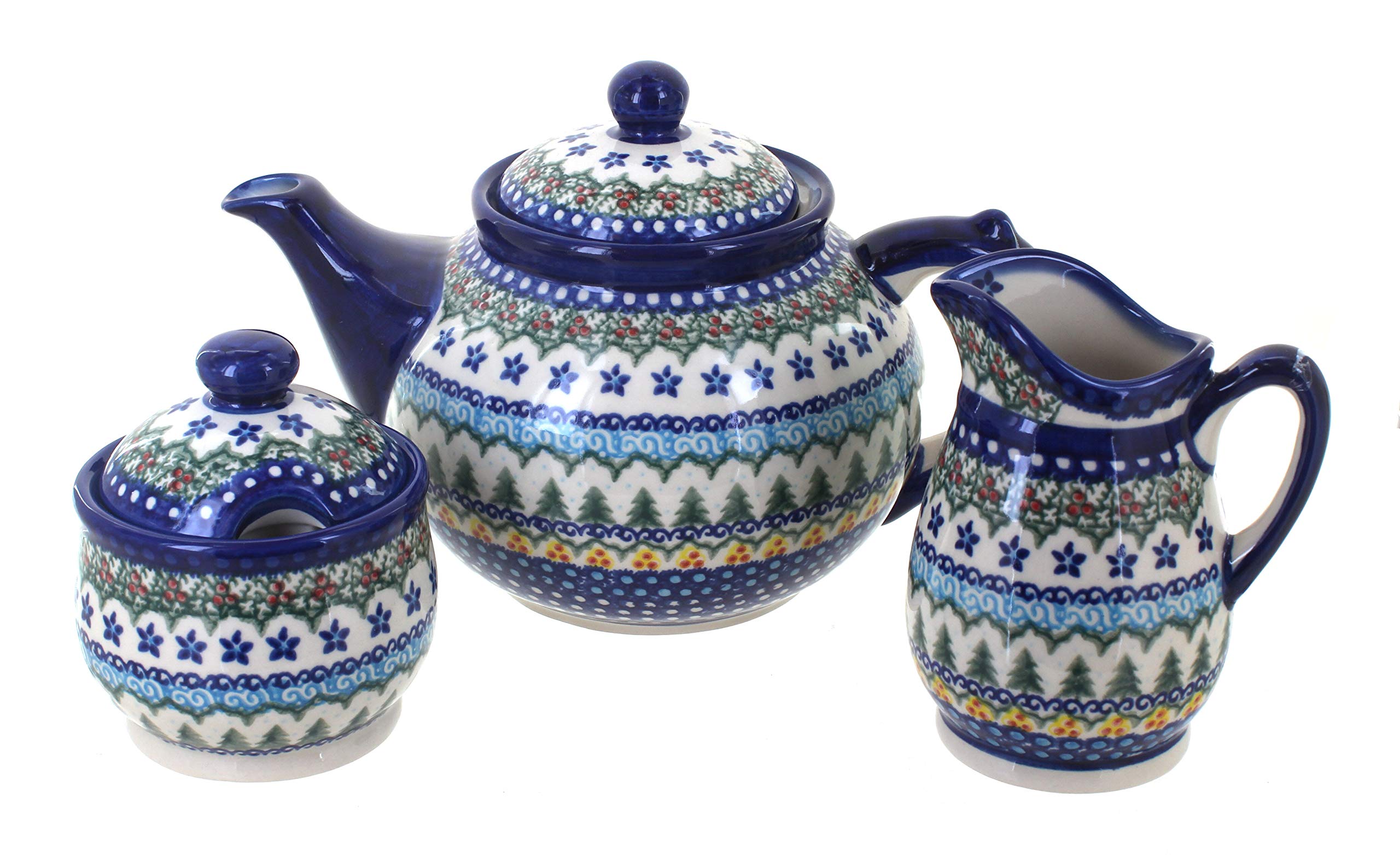 Blue Rose Polish Pottery Holiday Pine 3-Piece Tea Set - Handcrafted Ceramic Tea Cups with Saucers - Perfect for Christmas Gifts, Afternoon Tea & Cozy Winter Gatherings