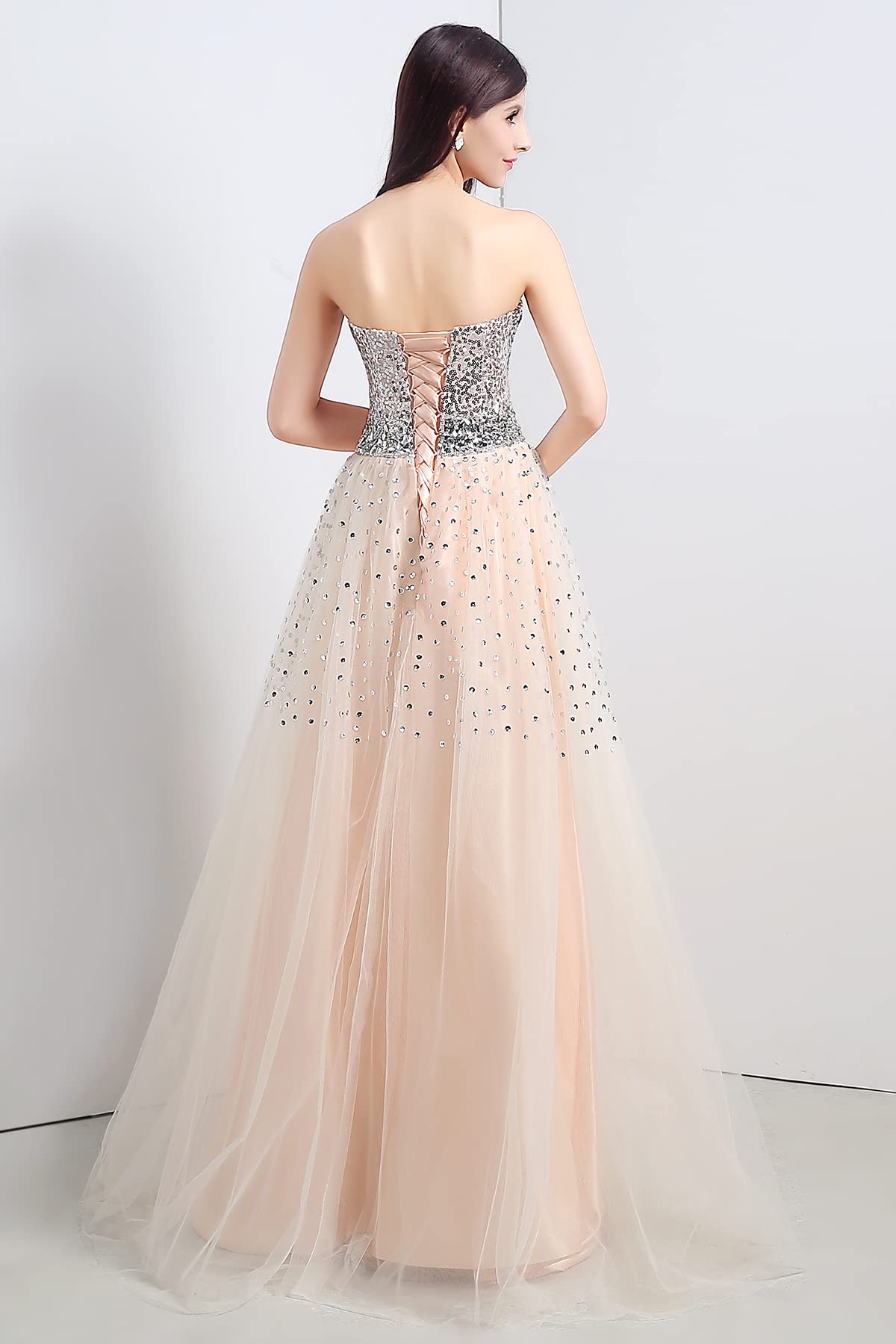 Elegant Women's Sequins Sweetheart Tulle Lace-up A-Line Long Evening Dress for Prom, Wedding, and Formal Events - Perfect for Gala, Ball, and Special Occasions