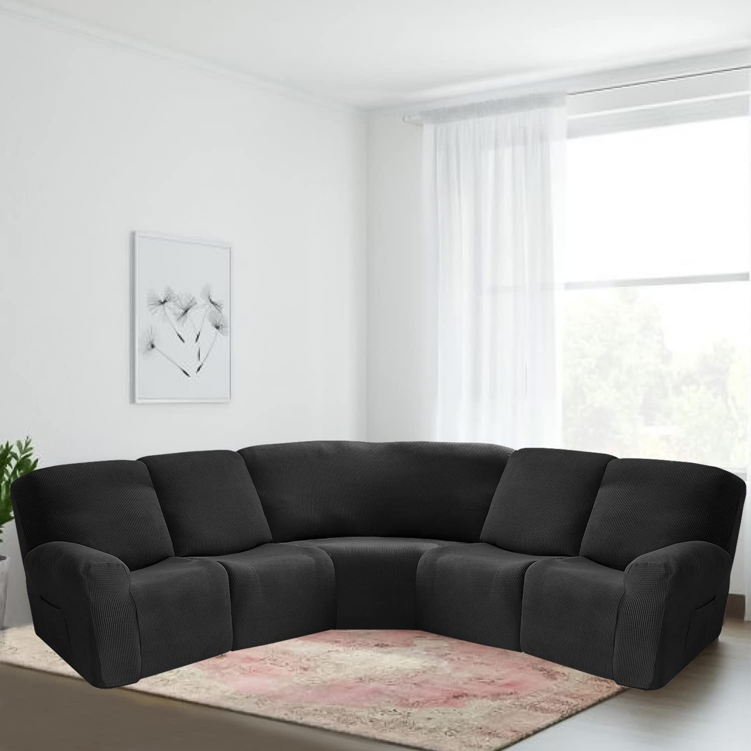 MIFXIN 5-Seat Recliner Sofa Cover Set - 7-Piece Jacquard Stretchable Soft Fabric Slipcover for L-Shaped Sectional Couch - Furniture Protector (Black) - Perfect for Living Room, Home Theater & Family Gatherings