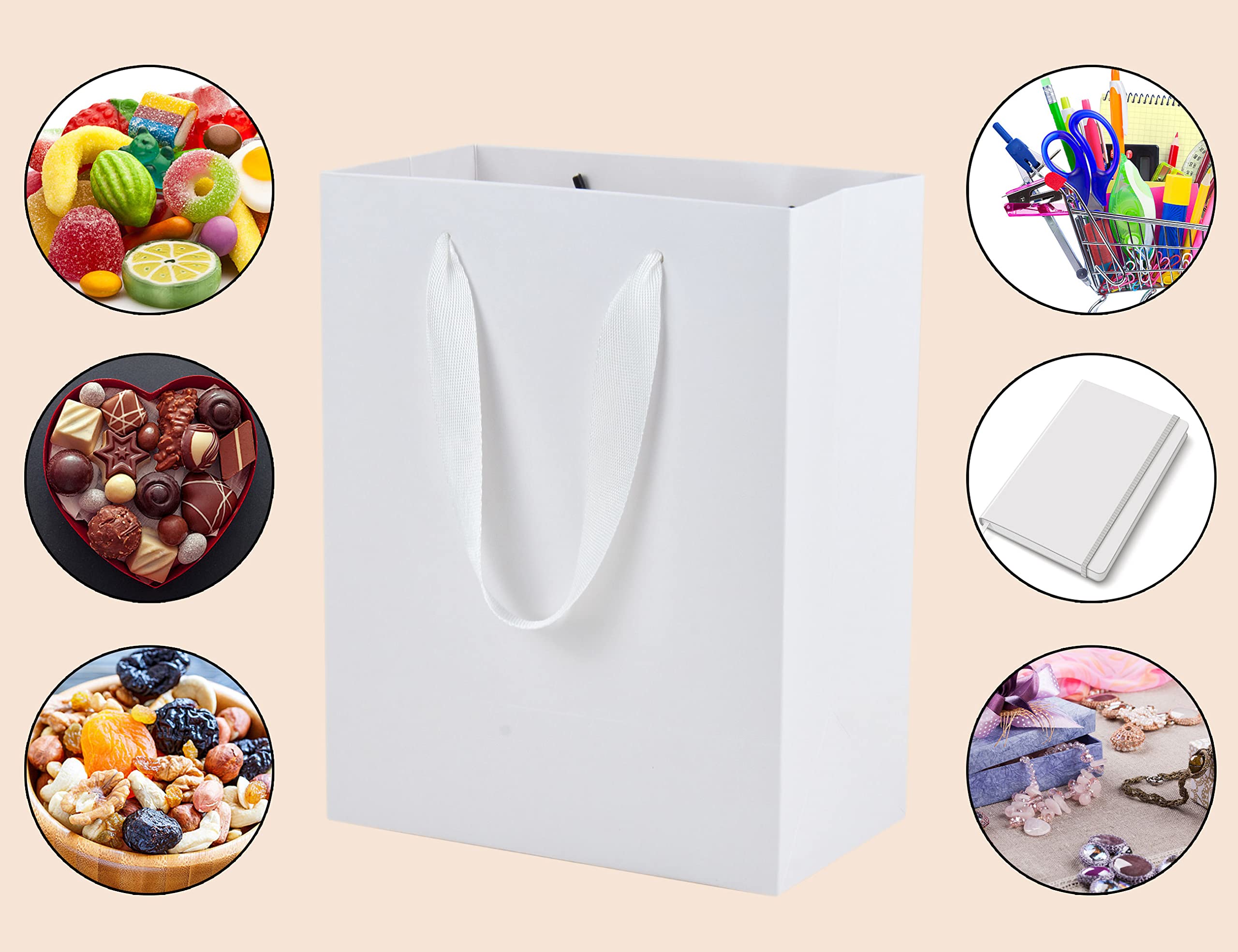 HUAPRINT 20 Pack White Paper Gift Bags with Handles - 7x4x9 Inch Small Shopping Bags for Retail, Party Favors, Wedding, Merchandise & Business - Perfect for Gift Wrapping, Favor Bags & Store Packaging