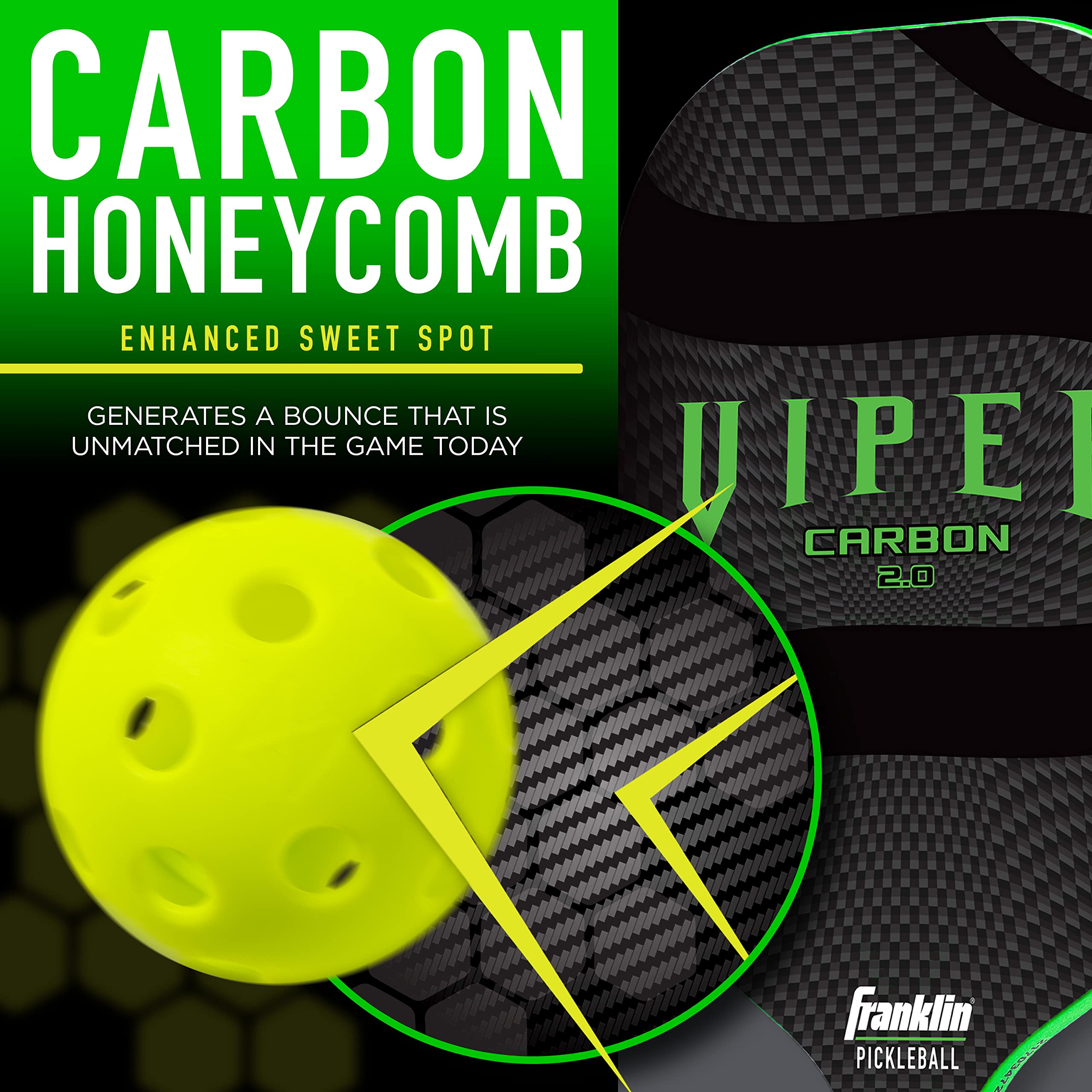 Franklin Sports Pickleball-X Carbon Fiber Viper Paddle - Lightweight & Durable Pickleball Racket for Indoor/Outdoor Play - Perfect for Beginners & Advanced Players (Green)