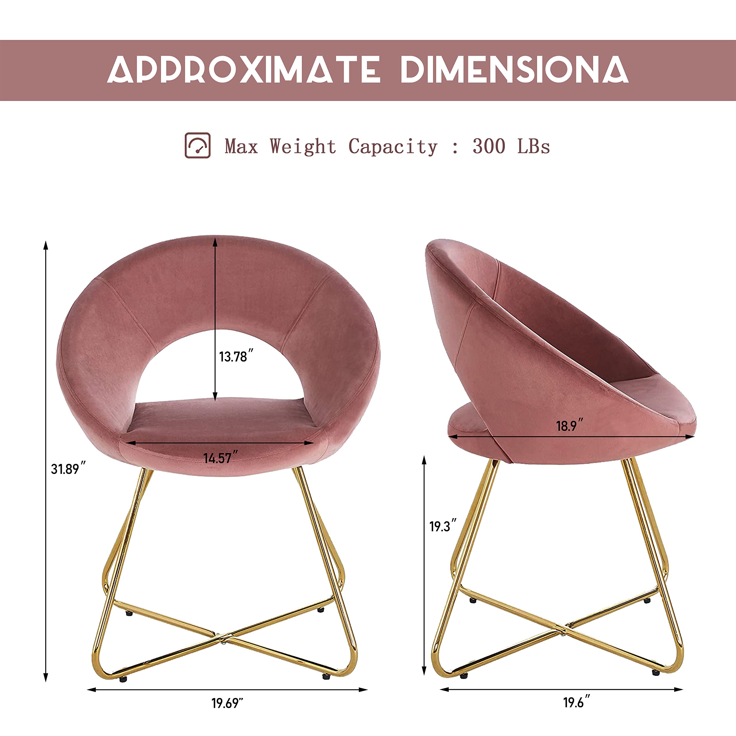 Luxury Velvet Accent Chairs Set of 2 - Modern Upholstered Comfortable Desk Chairs with Gold Base for Living Room, Bedroom & Dining Room | Perfect as Vanity Chair, Makeup Chair or Home Office Seating (Pink Velvet)
