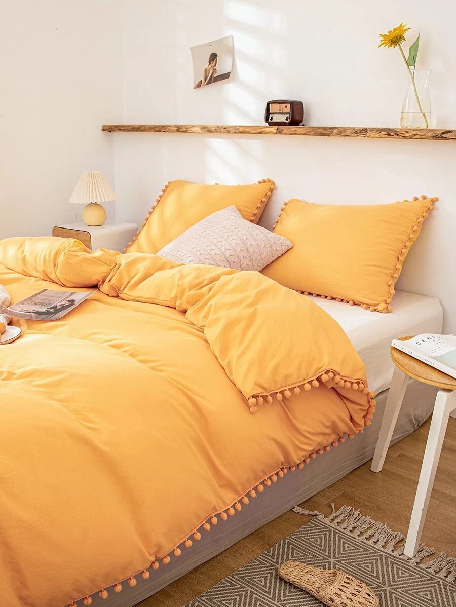 Bright Yellow Pom Pom Cotton Duvet Cover with Button Closure - Soft Bedding Set for Twin, Full, Queen & King Size Beds - Cozy Home Decor for Kids' Rooms, Guest Bedrooms & Dorm Essentials