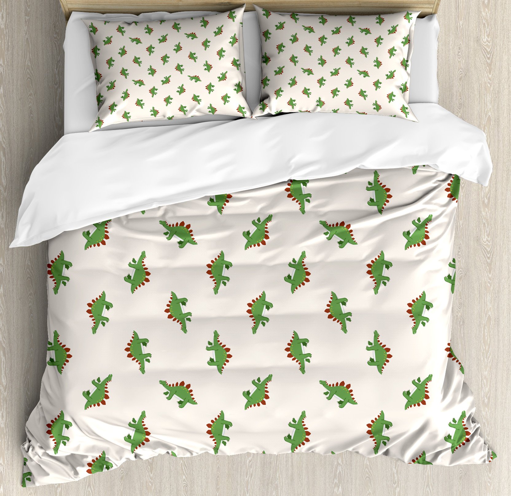 Jurassic Duvet Cover Set - Stegosaurus Dinosaur Prehistoric Reptile Bedding | 3-Piece Queen Size with 2 Pillow Shams | Fern Green & Ruby Beige | Perfect for Dinosaur Lovers' Bedroom Decor & Themed Kids Rooms