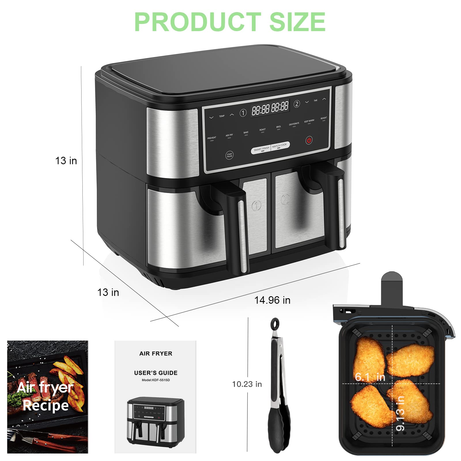 EUARY 9L Large Dual Basket Air Fryer for Family - 8-in-1 Compact Oven with Smart Finish, Oil-Free Cooking, Digital Timer & Temperature Control, Nonstick 2600W - Perfect for Healthy Meals, Snacks & Family Gatherings