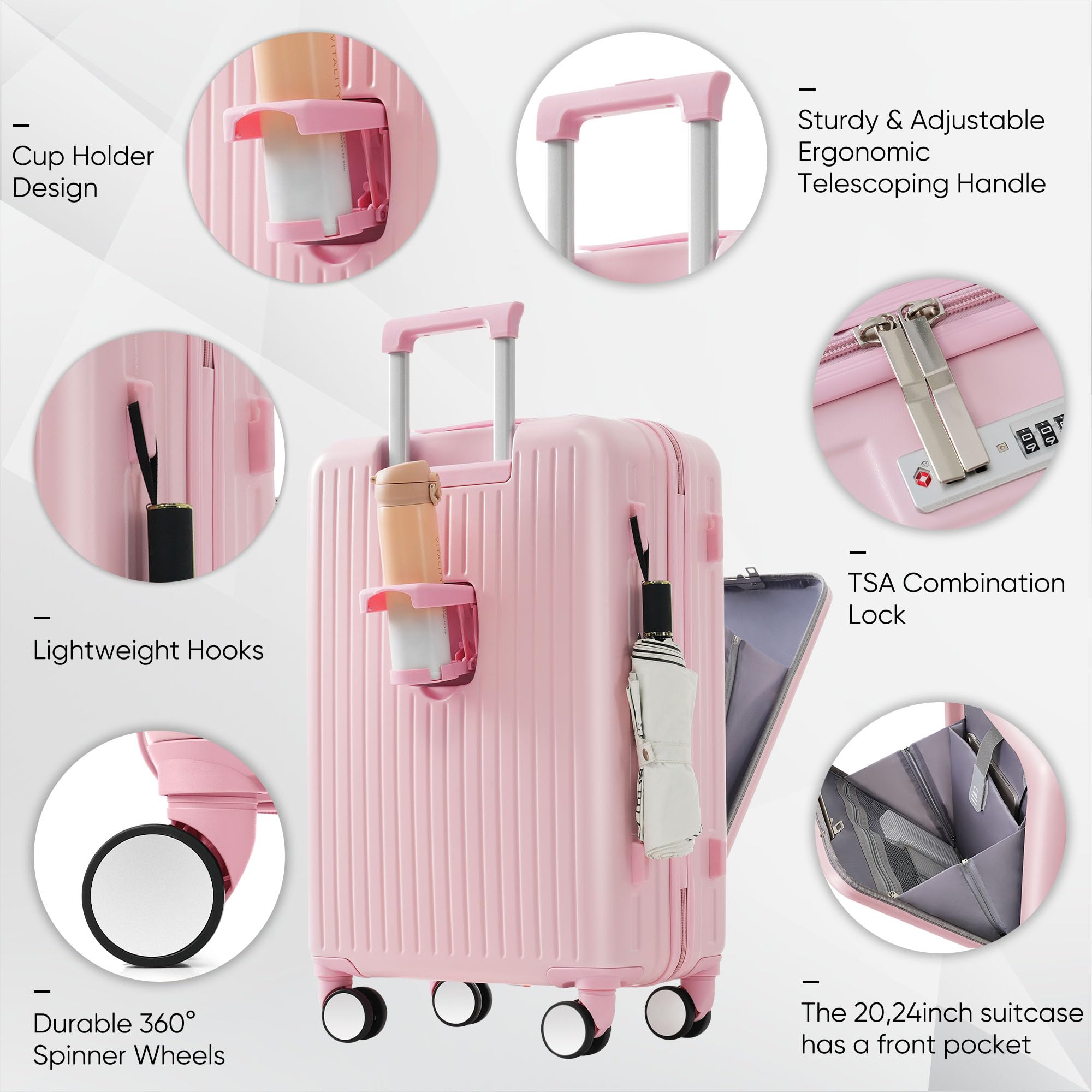 Merax 2-Piece Lightweight Spinner Luggage Set with Built-in USB Port, Cup Holder & TSA Lock - Includes Cosmetic Carry On Bag (Baby Pink) - Perfect for Air Travel, Business Trips & Vacation Getaways