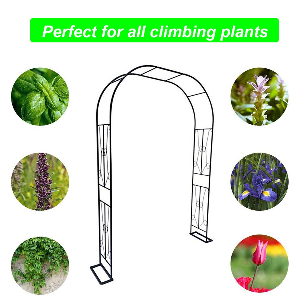 7.9ft Tall Wrought Iron Flower Arch Trellis for Climbing Plants - Outdoor Garden Arbor Pergola with Base, Weather-Resistant Black & White Metal Decoration - Perfect for Vine Support, Wedding Backdrops, and Patio Landscaping