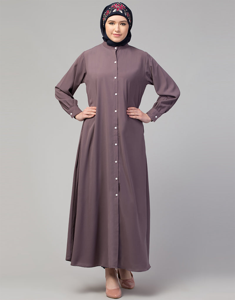 Elegant Arabic Abaya Dress with Front Open Design & Cuffs - Stylish Plum Color for Women | Perfect for Prayer, Mosque & Modest Fashion Occasions