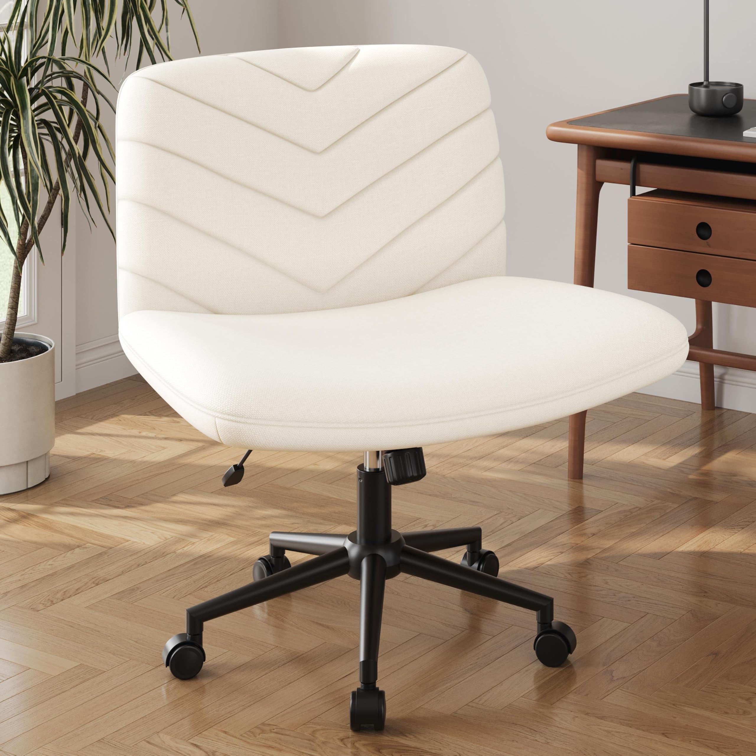 Yaheetech Ergonomic Wide Criss Cross Chair with Wheels - Adjustable Swivel Armless Office Chair for Home & Workspace, Comfortable Computer Desk Chair for Work, Gaming & Study - Beige Modern Vanity Chair for Bedroom & Dressing Room