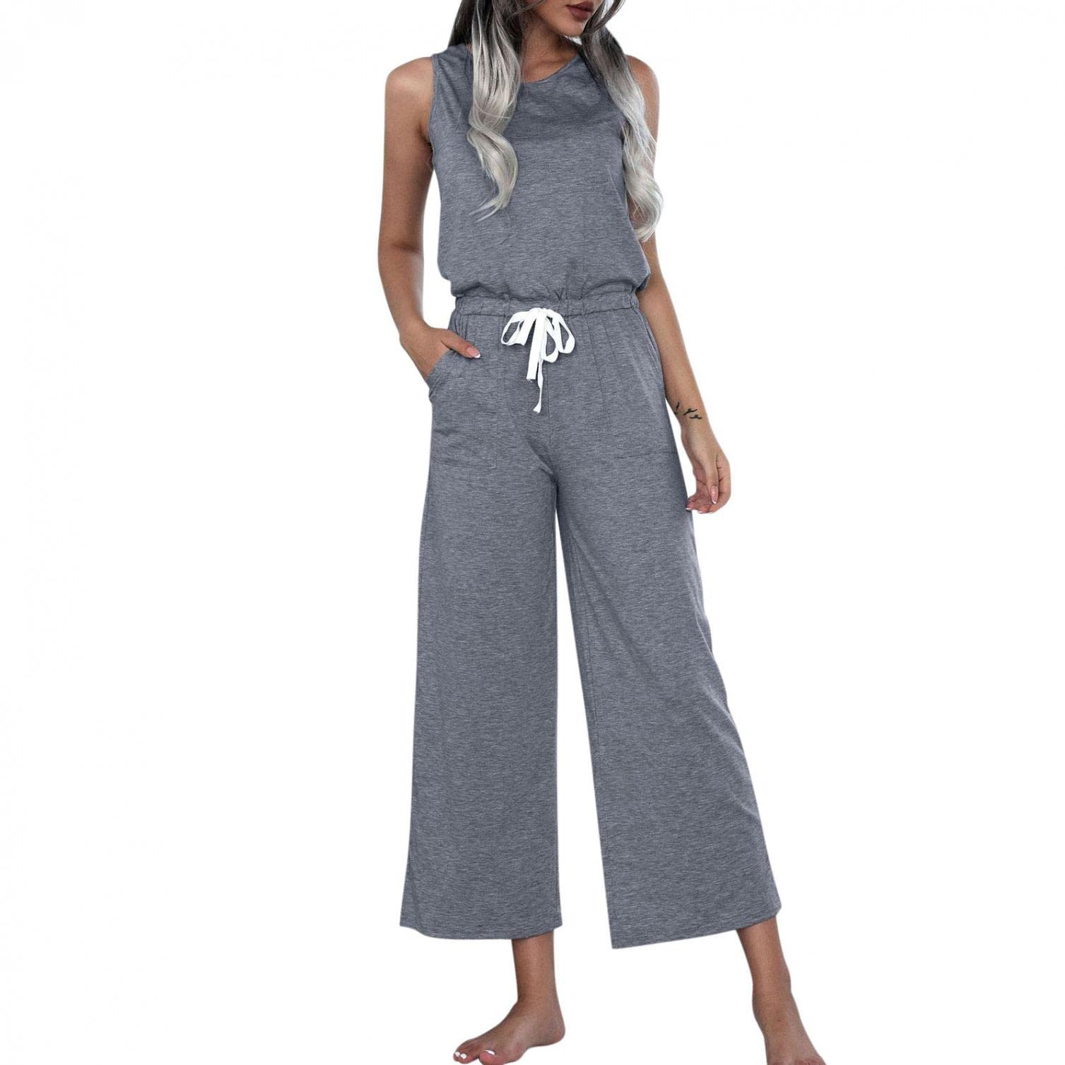 Women's Sleeveless Wide Leg Jumpsuit with Drawstring Waist & Pockets - Casual Summer Romper for Beach, Travel, and Everyday Wear