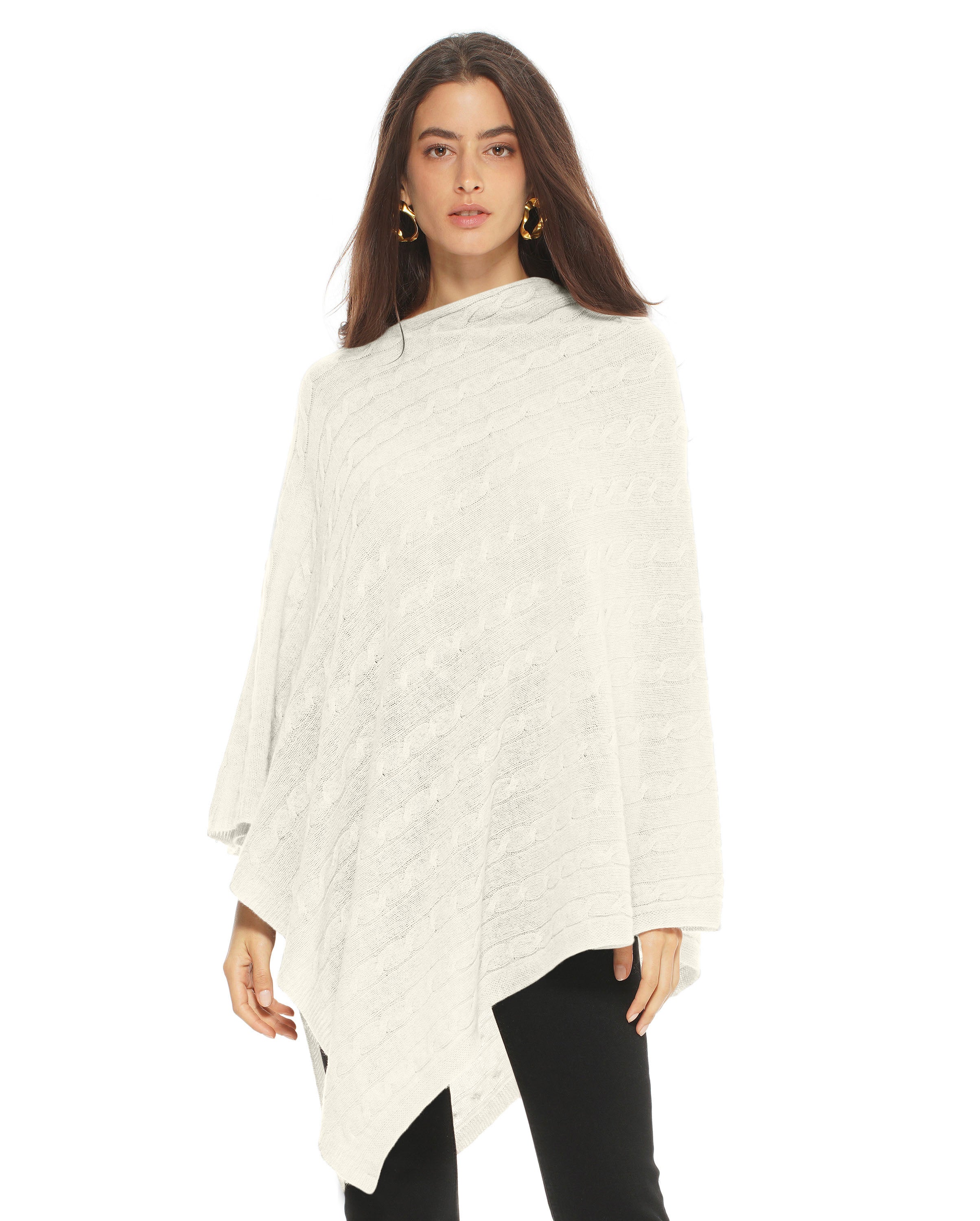 Luxury Women's Pure Cashmere Cable Knit Poncho - Soft Winter Shawl Wrap - Elegant Milk White Color for Office, Travel & Casual Outfits