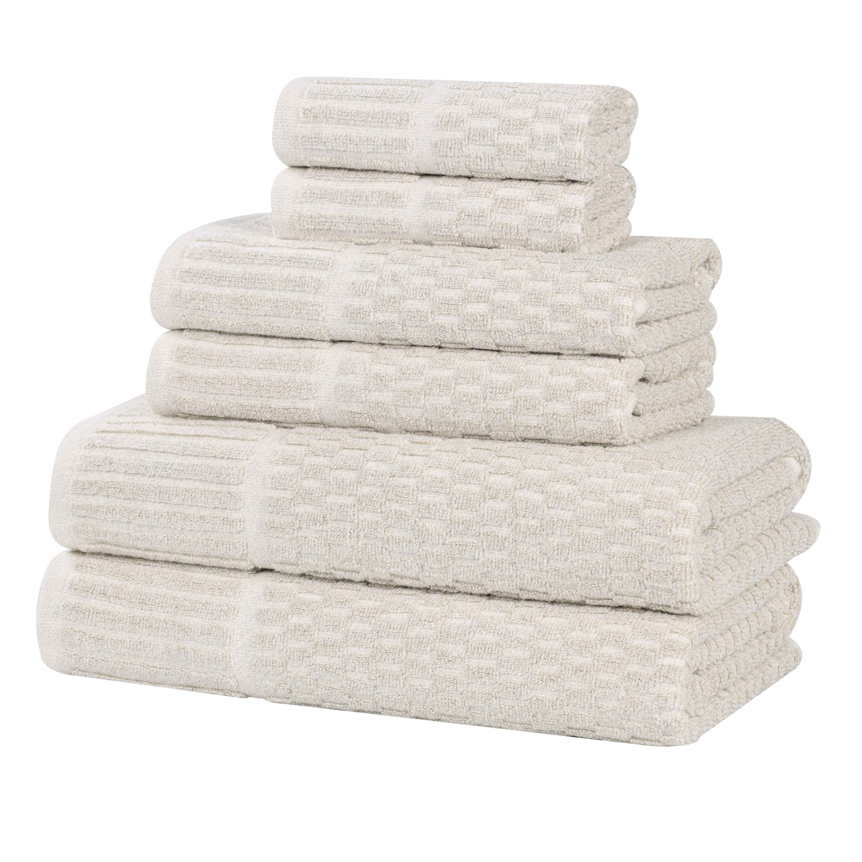 Premium 6-Piece Cotton Blend Checkered Border Towel Set - Medium Weight, Soft & Absorbent - Perfect for Bathroom, Kitchen & Guest Use