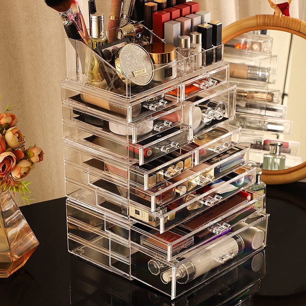 **4-Pack Clear Acrylic Skincare Organizer with 11 Stackable Drawers - Vanity Makeup & Jewelry Storage for Beauty, Hair Clips & Skincare Products - Perfect for Bedroom, Bathroom & Dressing Table Organization**