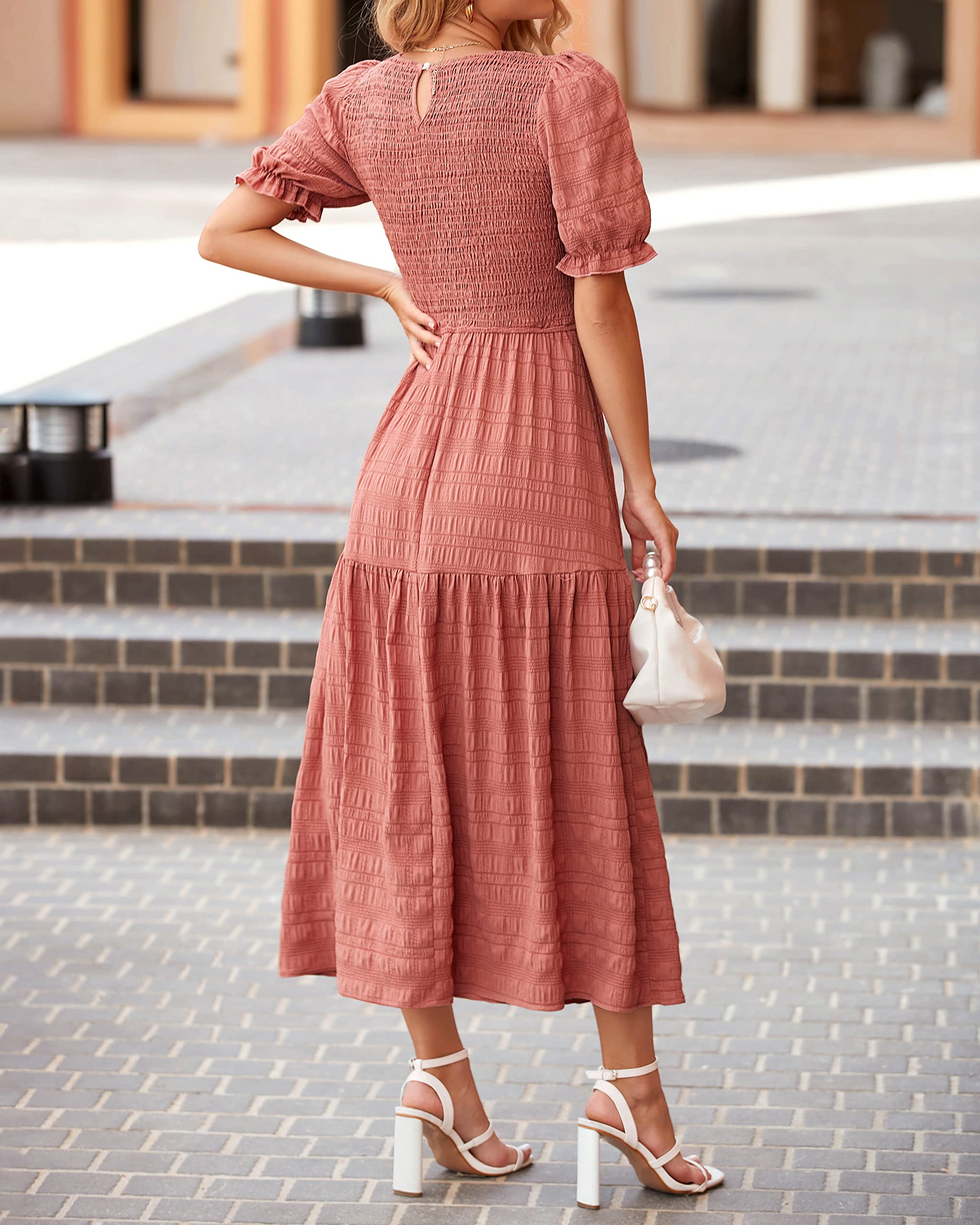 Dowerme Women's Summer Dresses 2025 - Casual Puff Short Sleeve Crewneck Smocked Flowy Ruffle Boho Maxi Sundress for Beach, Party & Vacation Wear